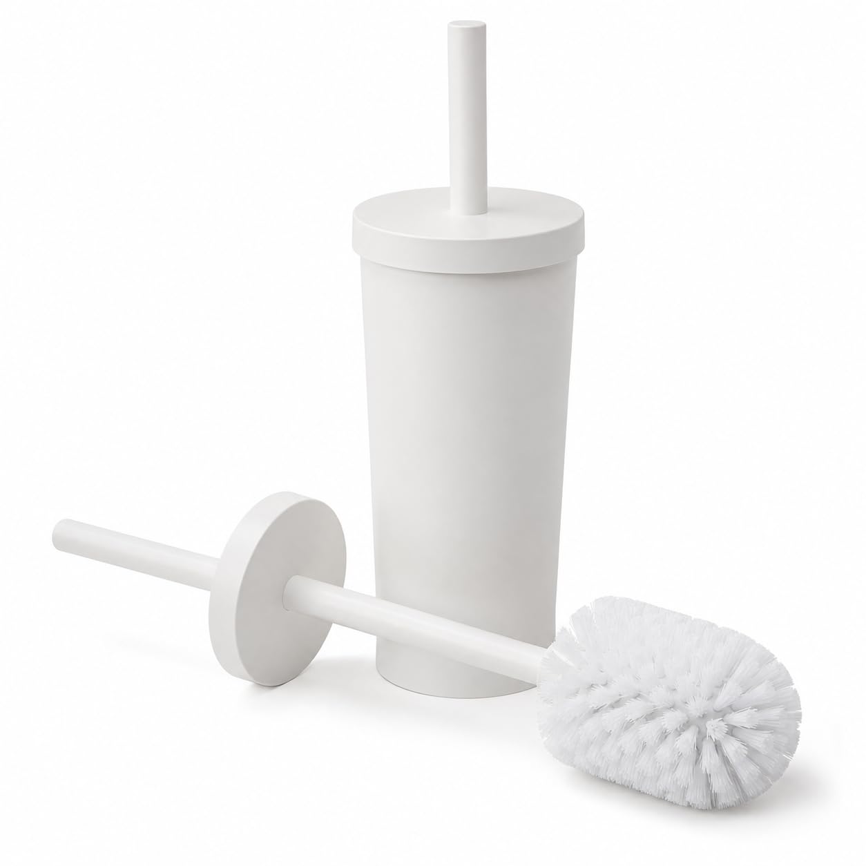 Escova Sanitária com Suporte, Cabo em Aço Inox, Base com Tampa, Cerdas Resistentes, Acabamento Branco Matte, para Higienização de Vaso Sanitário