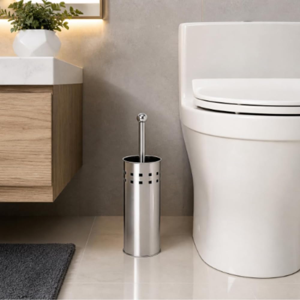 Escova Sanitária Aço Inox com Suporte 27 cm Design Moderno | Vedação Antiodor, Copo Higiênico Interno, Cerdas Densas, Limpeza Profunda, 9,5 cm de Diâmetro