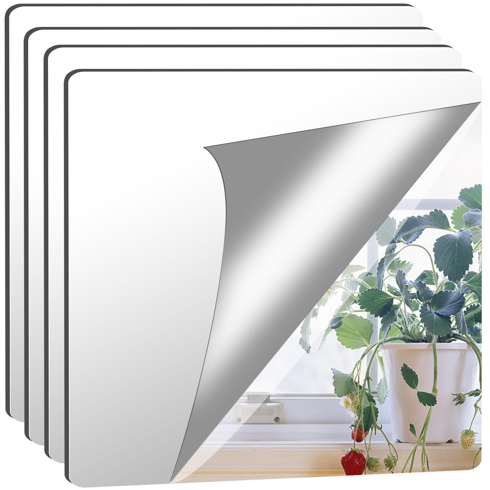 JUNEBRUSHS Pacote com 4 espelhos de acrílico autoadesivos, azulejos de espelho de 30 x 30 cm, espelhos de plástico flexível, adesivos de parede, espelhos grossos de 2 mm, espelho pequeno sem moldura