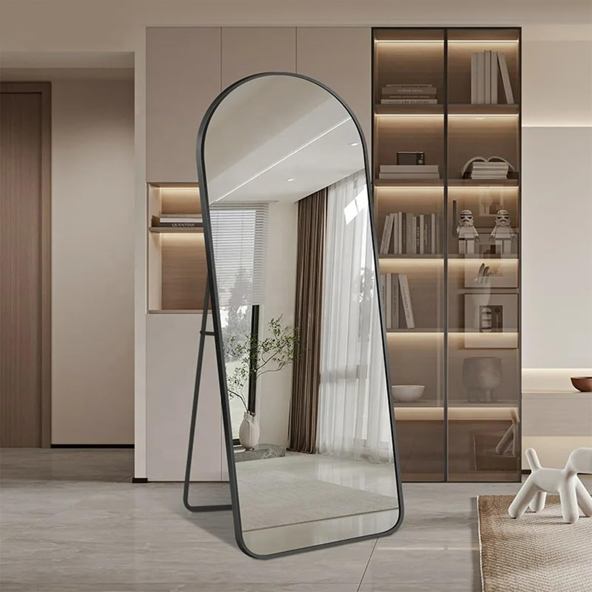 TRIBOSHOP Espelho Oval Chão Suporte Corpo Inteiro Metal 1,46x37cm Moldura em Aluminio Preto Luxo