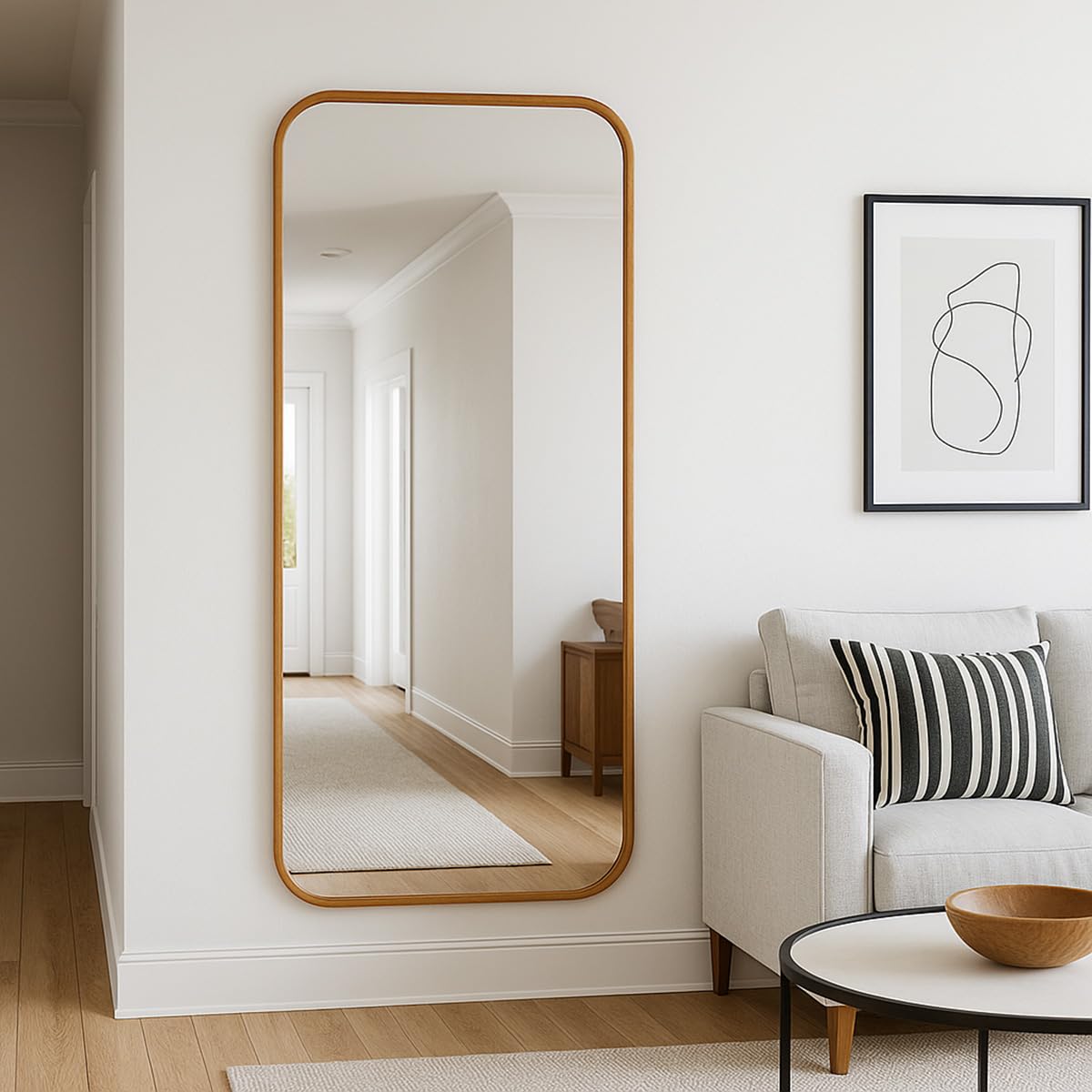 Outlet dos Quadros Espelho de Corpo Inteiro Retangular Cantos Arredondado 110x53 – Elegância e Amplitude para Seu Ambiente (Caramelo)