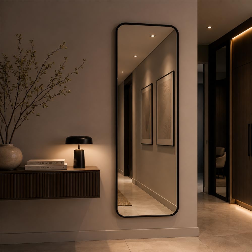 Outlet dos Quadros Espelho Retangular Super Grande 70x160 com Cantos Arredondados – Corpo Inteiro, Design Moderno e Elegância para Qualquer Ambiente (Preto)