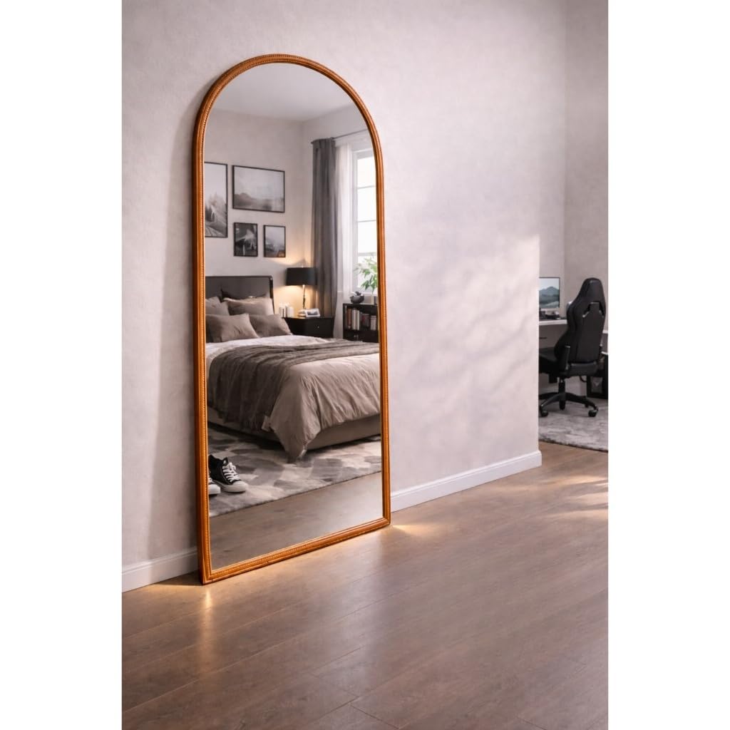 Espelho Oval Base Reta Corpo Inteiro Com Moldura em Couro Premium 120x50 Sala Quarto(Caramelo,80x40)