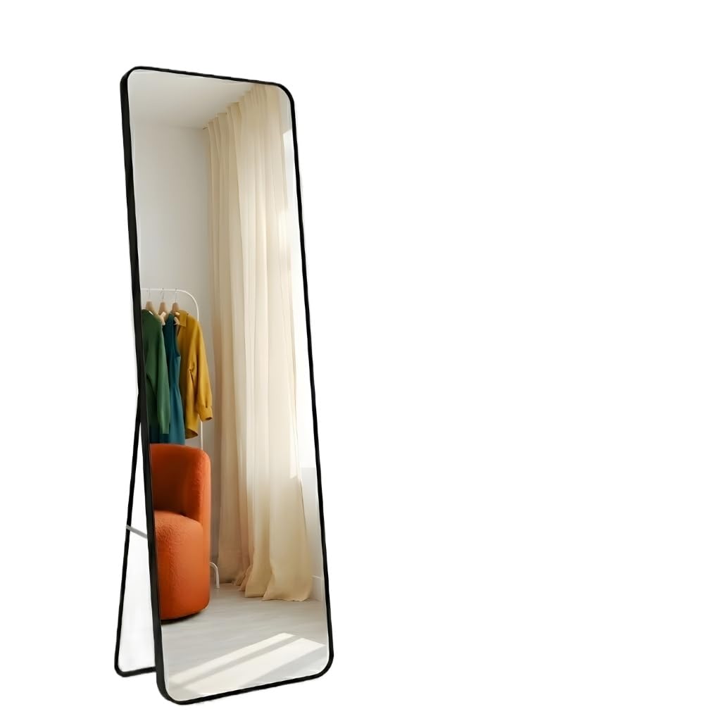Espelho de Corpo Inteiro Decorativo 146x36cm Moldura de Metal Preta, Suporte para Chão e Parede, Modelo Retangular com Topo Reto ou Curvo para Quarto e Sala(Redondo)