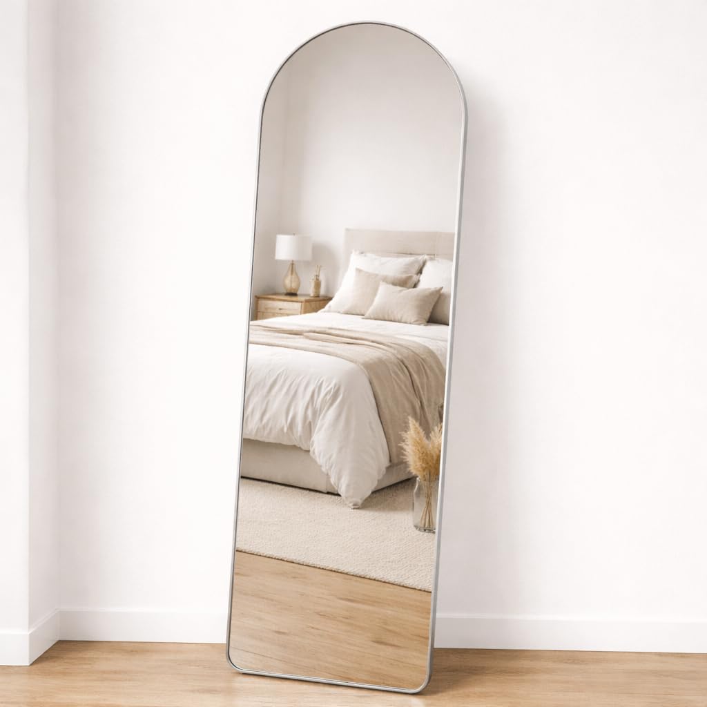 Espelho de Chão Corpo Inteiro 146x36cm, Moldura de Alumínio, Base Reta com Suporte, ideal para Quarto, Sala e Decoração de Ambientes (Oval Prata)