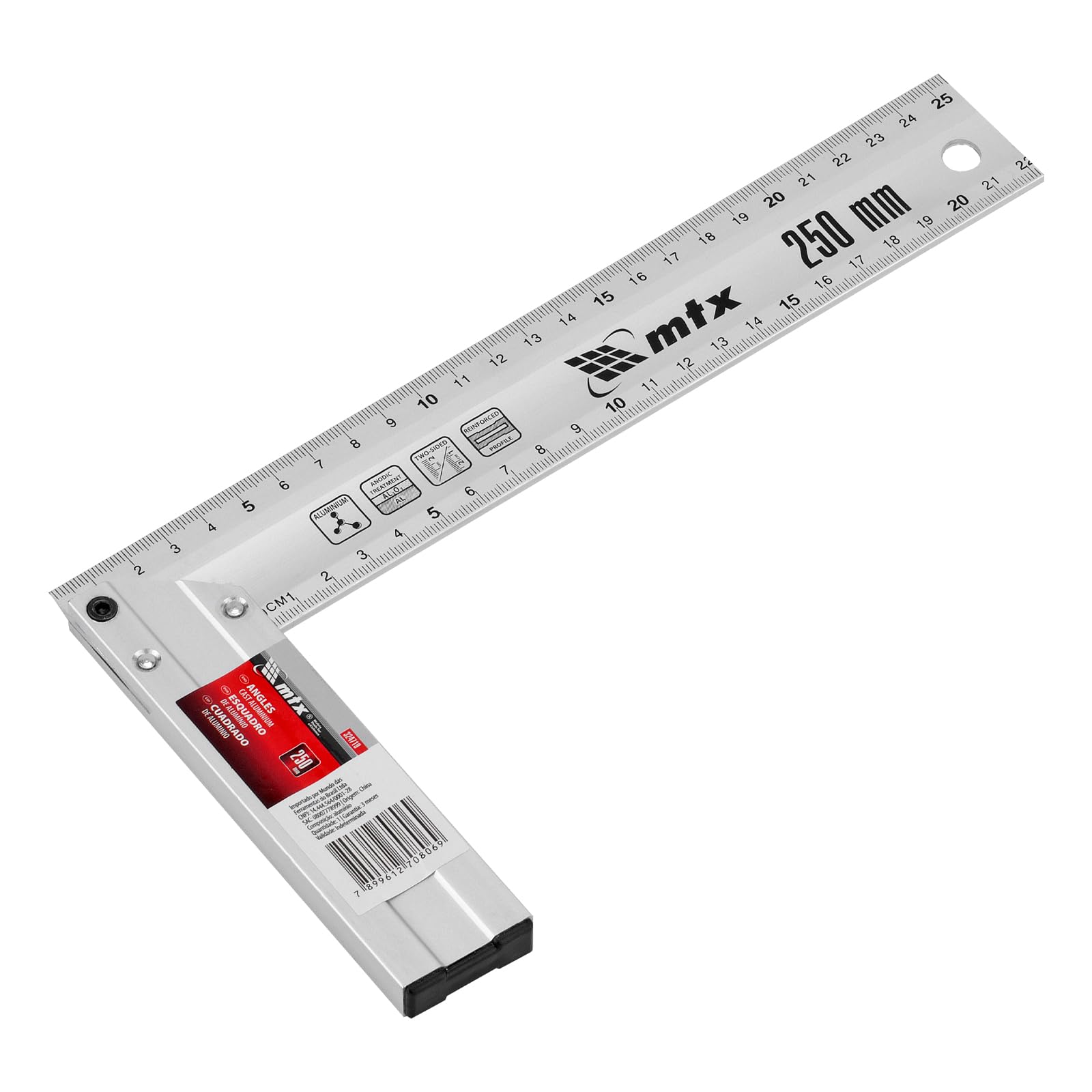 MTX Esquadro 10 Pol (250 Mm) Em Alumínio Fundido – Superfície Anodizada, Marcação Em Duas Faces, Orifício Para Pendurar, Precisão 90° Para Marcenaria E Montagem
