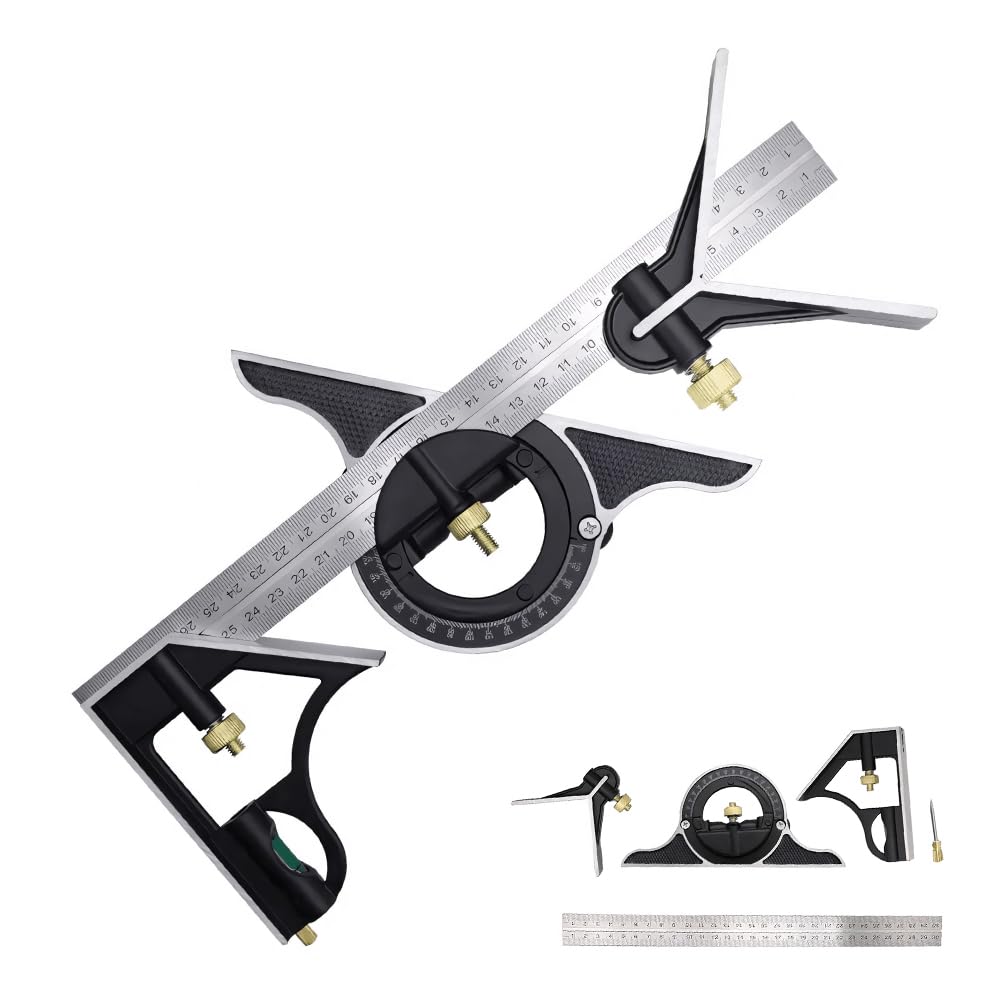 BAUSATZ Esquadro de Combinação de Aço Inoxidável de 12", Esquadro Combinado de 300 Mm, Chanfro Universal, Ângulo de 180 Graus, Conjunto de Esquadro Combinado, Régua Transferidora, (, Preto)