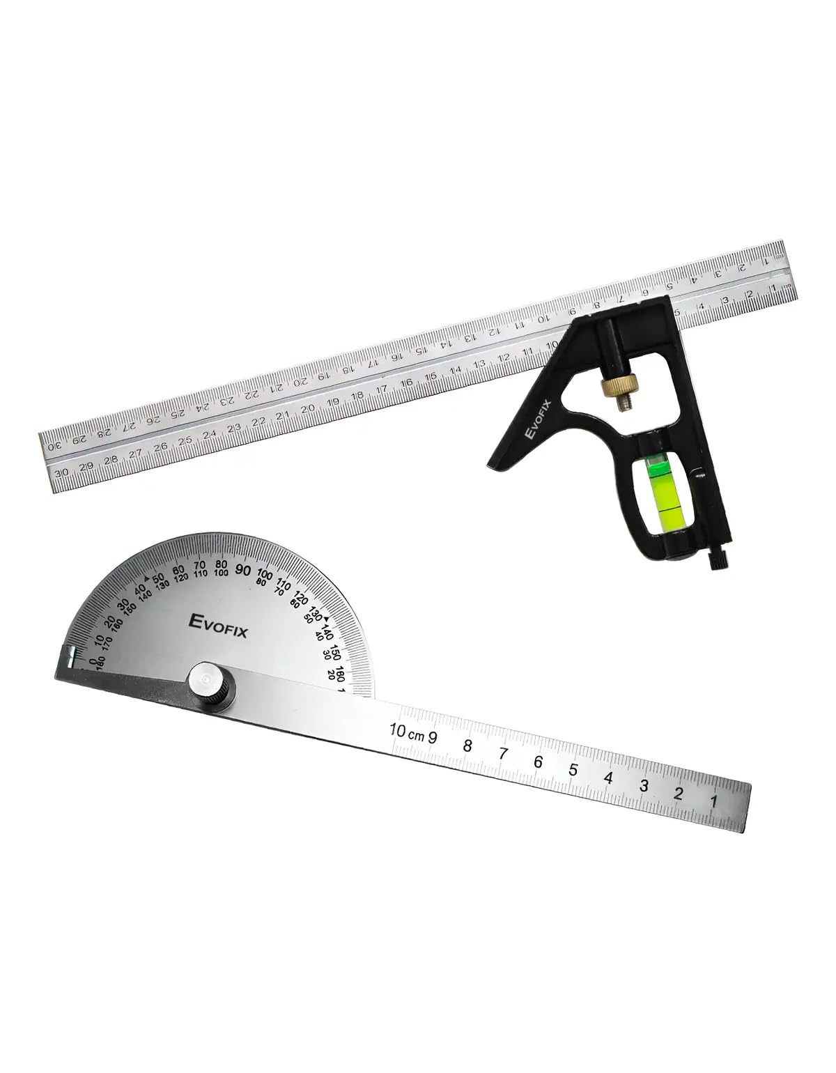 Kit Transferidor de Grau Inox 180° Graus E Esquadro Régua com Nível | Aço Inoxidável, Régua Graduada, Medição Precisa, Uso Profissional, 2 Peças