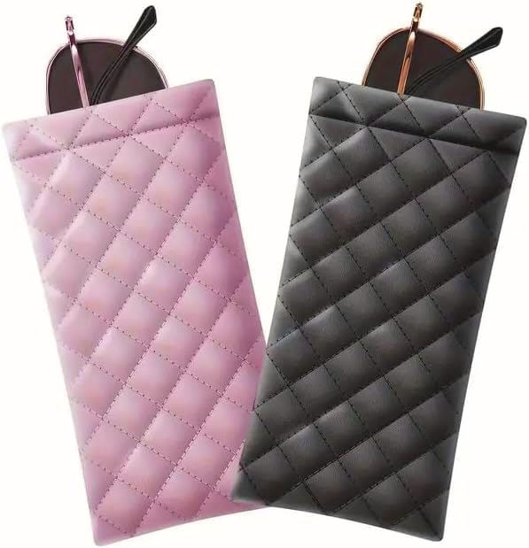 Estojo de óculos de sol portátil com 2 peças – bolsa de couro sintético macio para óculos de sol, bolso para celular, suporte organizador de óculos, preto e rosa