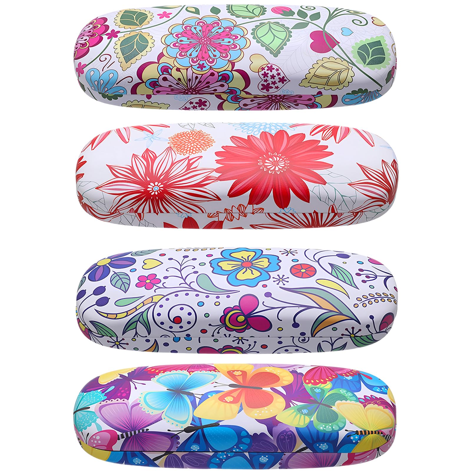 Conjunto de 4 peças de estojo de óculos de sol de flor - caixa de óculos de proteção rígida de couro PU para mulheres (design floral e borboleta) - serve para óculos de sol grandes