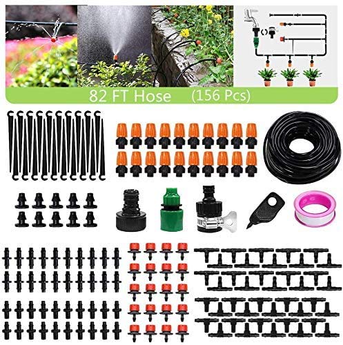 Kit de irrigação por gotejamento, sistema de irrigação de jardim de 25 m, sistema automático de irrigação de jardim com gotejador ajustável, mangueira de distribuição em branco de 0,64 cm para estufa, jardim, canteiro de flores, jardim e jardim e gramado