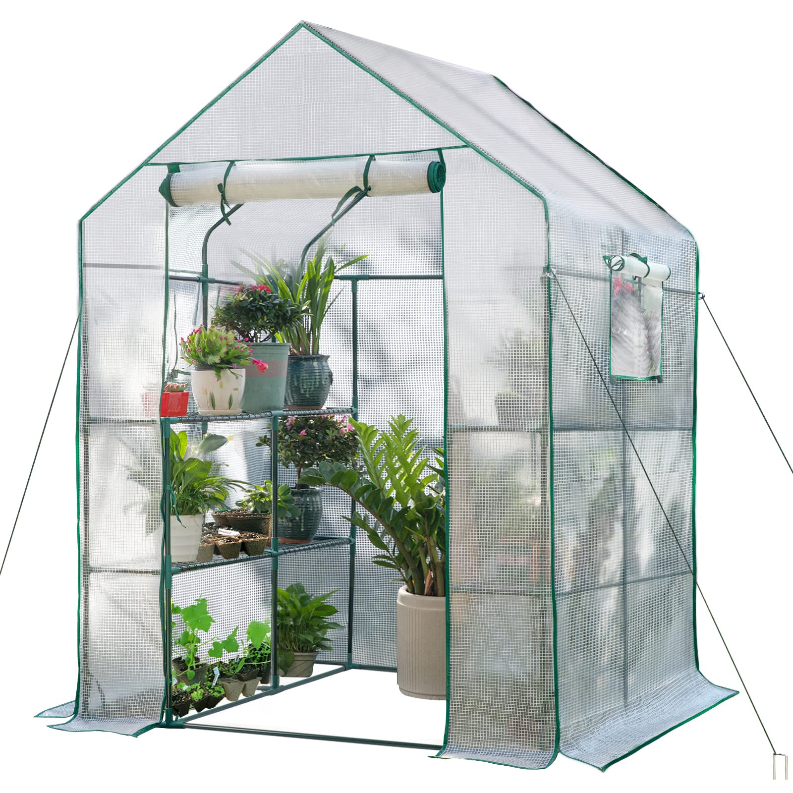Casas Verdes para Exteriores, Caminhada Em Estufa com 2 Janelas de Malha Laterais, Casa Verde Portátil com Âncoras e Cordas Que Resiste Ao Vento, 56"X56"X78" Branco