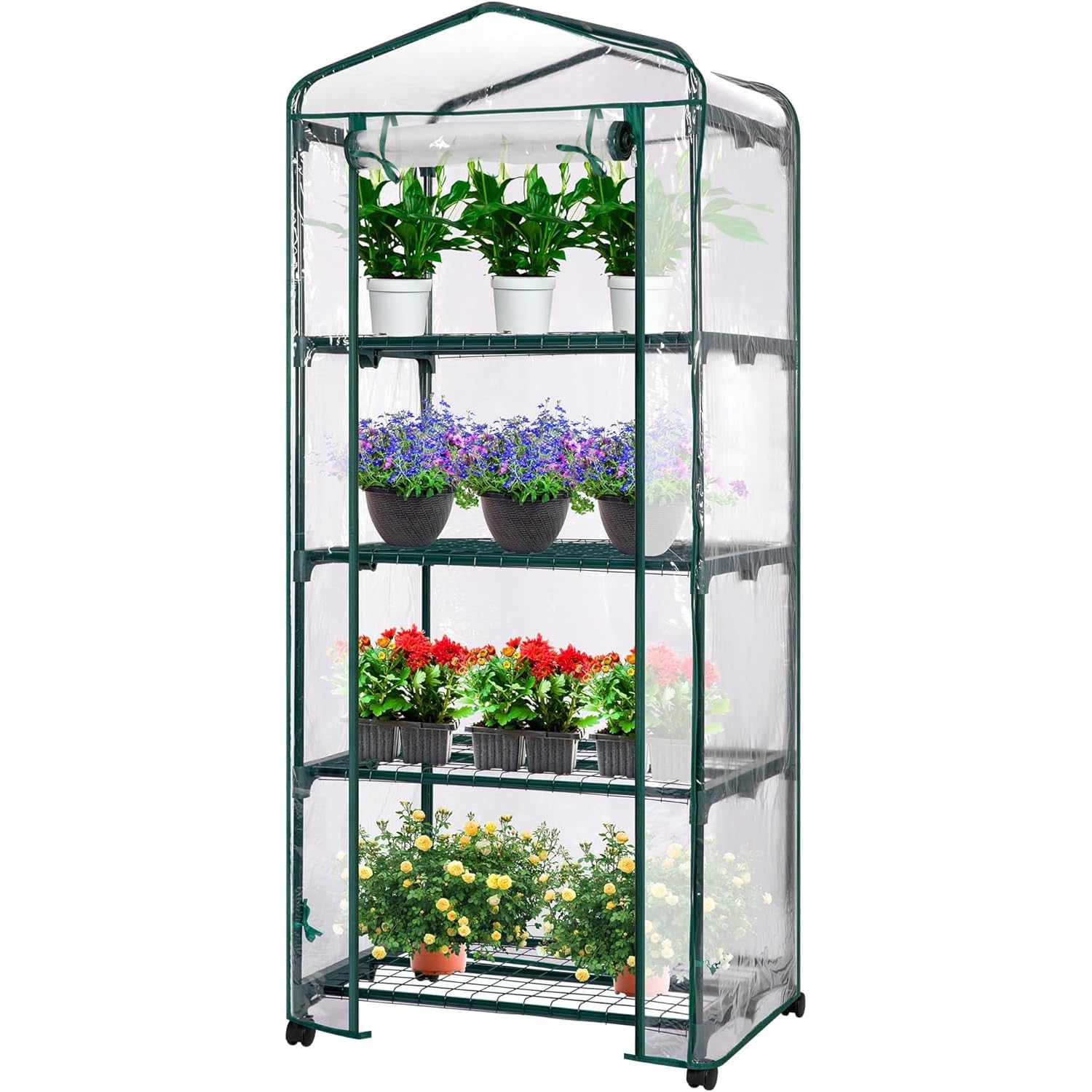 VIVOSUN Mini Estufa de 4 Camadas com Rodas, Casa Quente Portátil Reutilizável de 27 X 19 X 63 Polegadas com Tampa de Pvc Transparente e Prateleira para Jardim Compacto e Pequenos Quintais, com Rodas