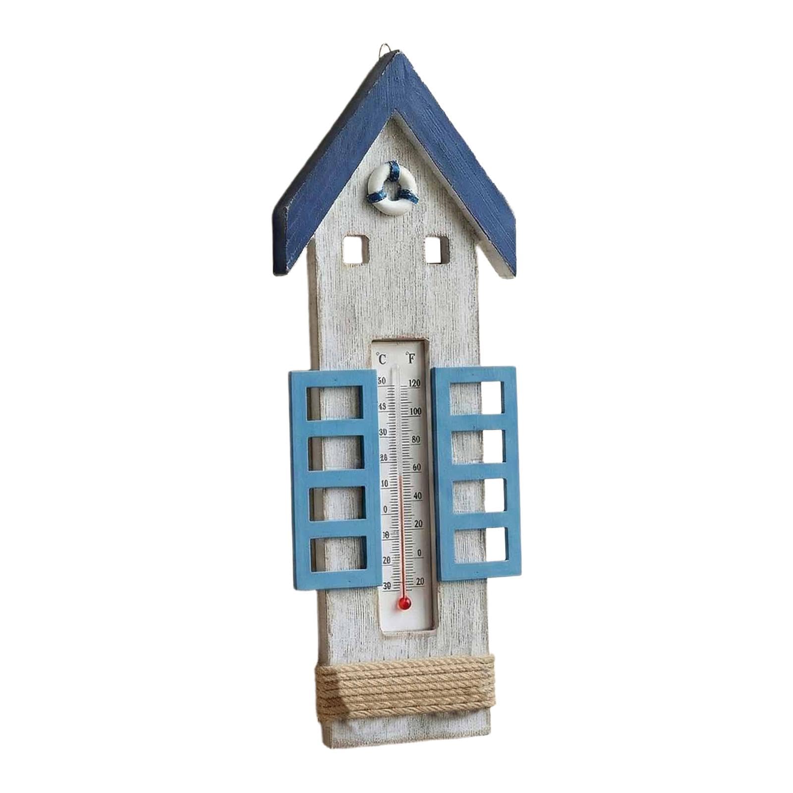 Termômetro de parede de madeira, termômetro suspenso, escultura de parede para casa, interior e exterior, decoração náutica para jardim e estufa, Casa 30x10cm