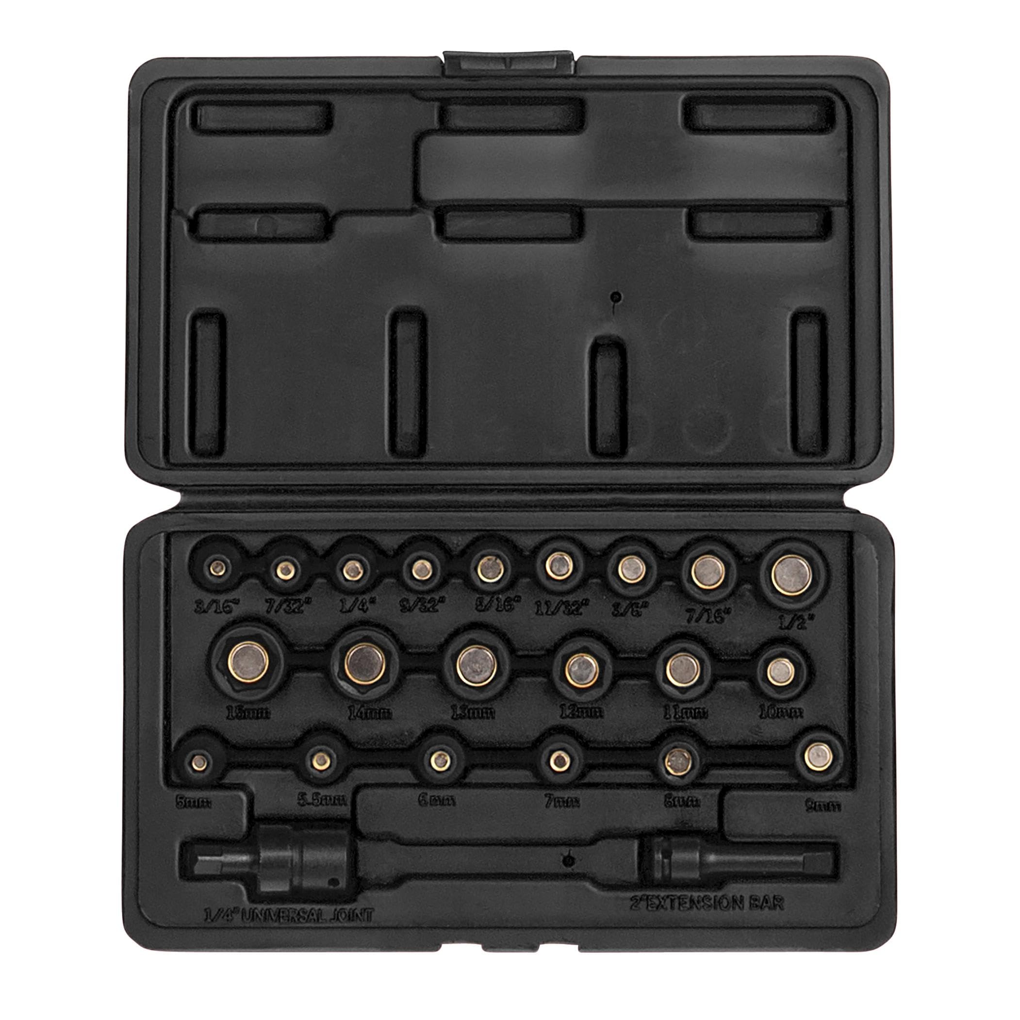Sunex 1818. conjunto de tomada magnética mestre de disco de 1/4 polegada. 23 peças. SAE/Metric. 3/16 - 1/2 . 5 mm-15 mm. aço cr-Mo. estojo de armazenamento resistente. inclui junta universal e extensão de 2 polegadas