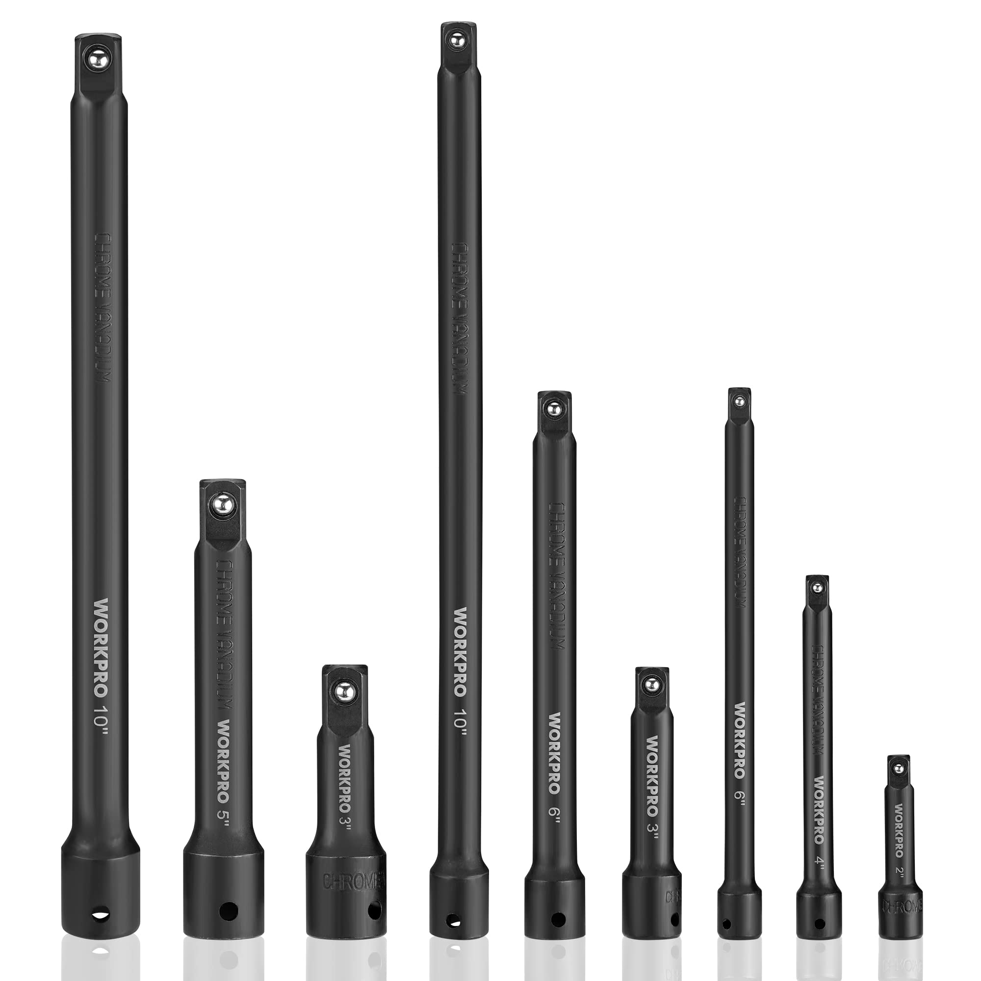 WORKPRO Conjunto de 9 barras de extensão de chave de impacto, extensão de soquete de acionamento de 1/10.2 cm, 3/20.3 cm e 1/5.1 cm, aço cromo-vanádio premium com acabamento em fosfato preto, bandeja