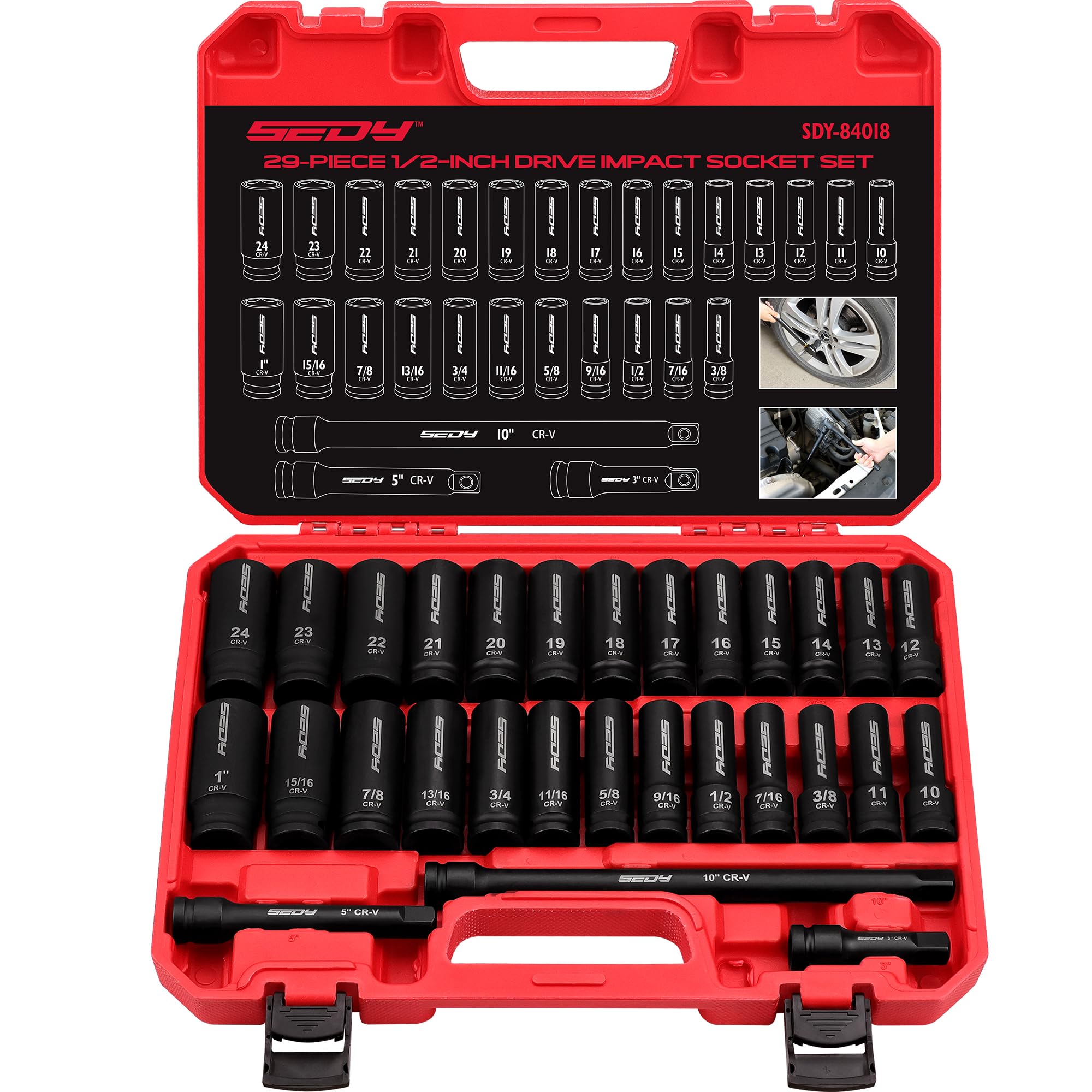 Conjunto de soquetes de impacto de 29 peças, drive de 1/2", SAE (3/8 a 1 polegada) e métricas (10-24mm) com barras de extensão, conjunto de soquetes profundos padrão, material CR-V, alta durabilidade