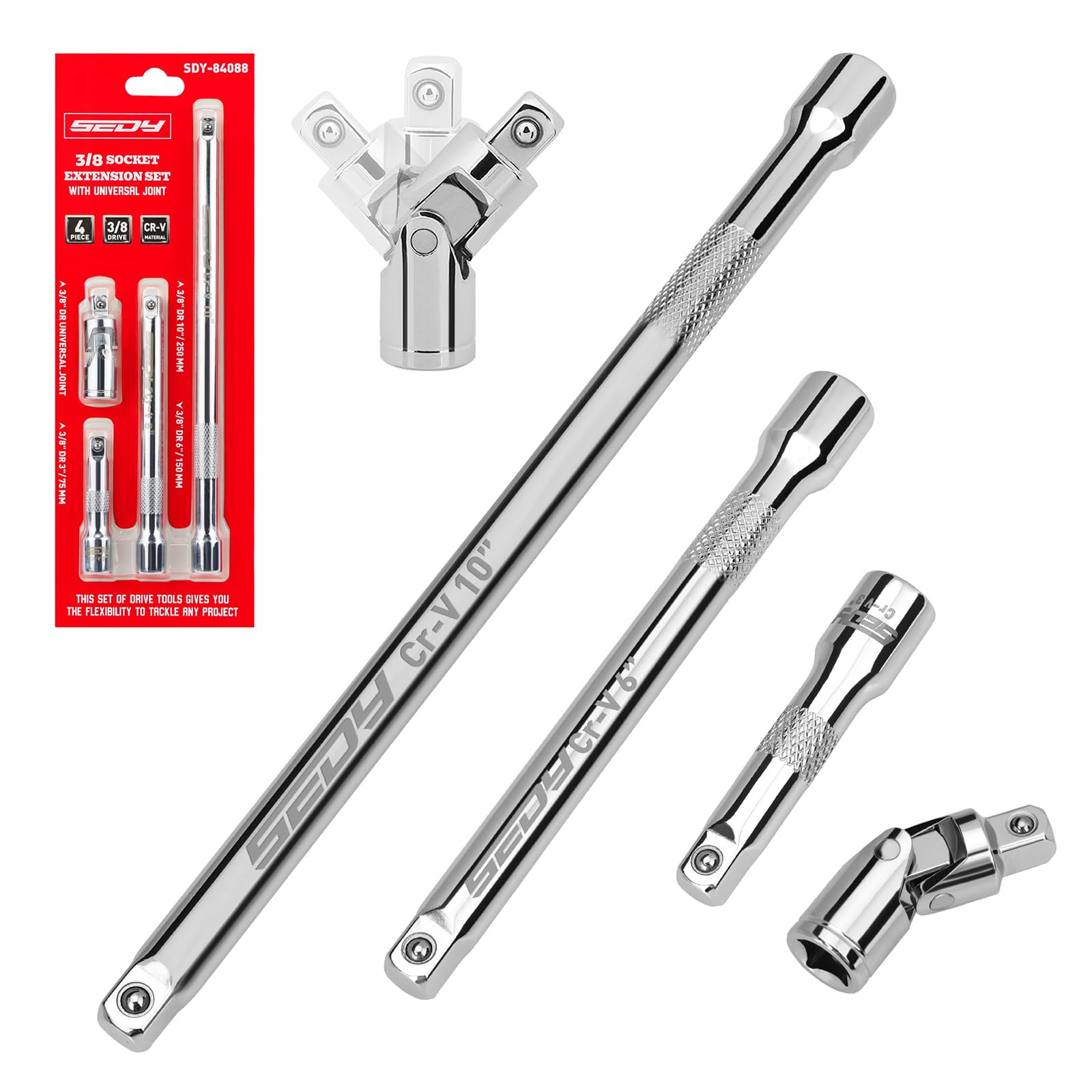 Conjunto de barra de extensão de soquete de acionamento de 4 peças, conjunto de extensão de soquete profissional inclui extensões de 9, 15 e 25 cm e soquetes de junta universal de 9,5 cm, estrutura de