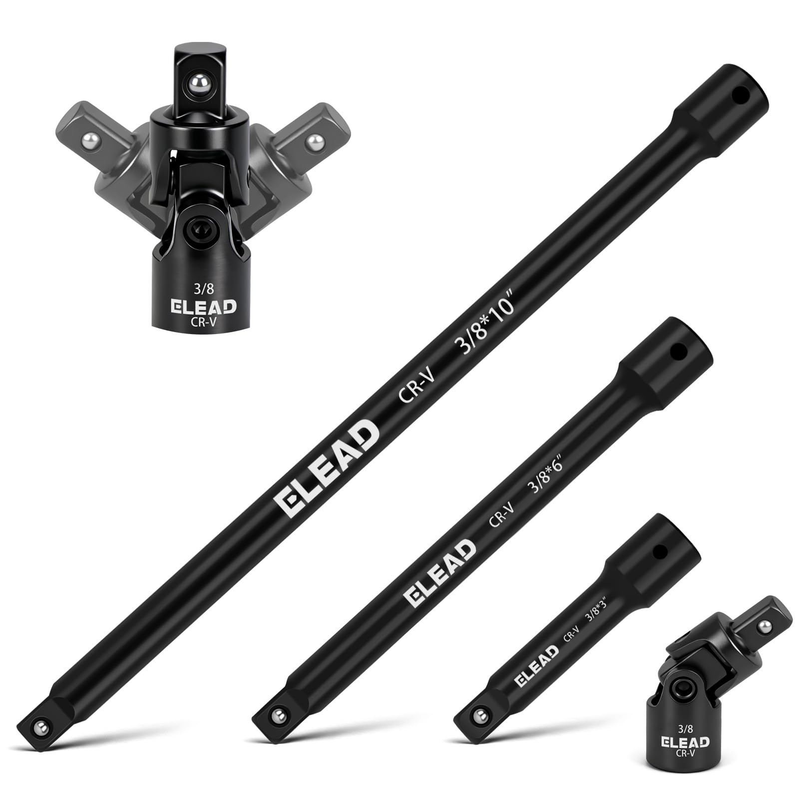Conjunto de 4 peças de extensão de soquete de 3/20.3 cm, conjunto de extensão profissional, 3, 6, 25.4 cm, soquete de junta universal de 3/8 polegadas, extensor de chave de aço Cr-V premium