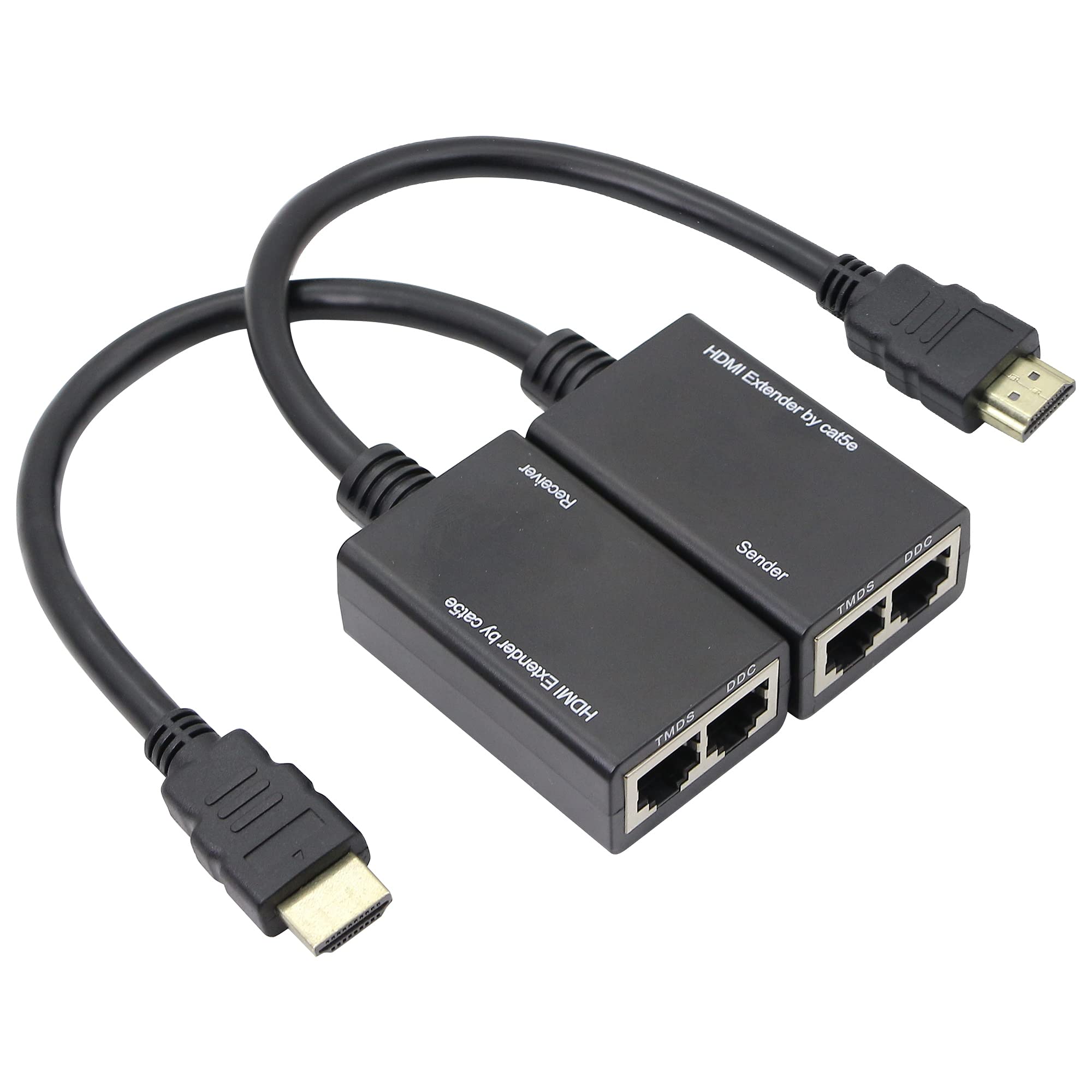 QIANRENON Extensor HDMI para cabo adaptador de rede Ethernet RJ45 CAT 5e amplificador de sinal 1080p adaptador de cabo HDMI 30 m remetente + receptor, 2 portas RJ45