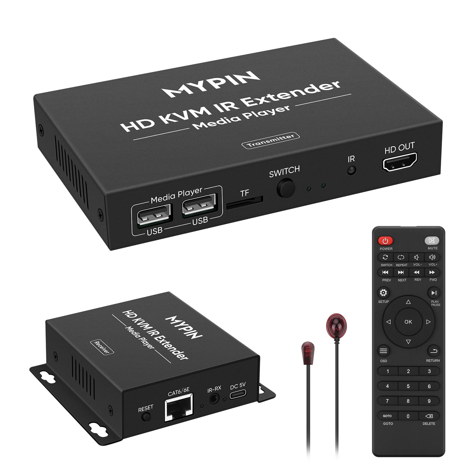 MYPIN Extensor HDMI KVM 1080p sobre cabo Cat 6/7/8 de até 150 m, reprodutor de mídia digital HD para unidades USB, extensor HDMI com áudio de 3,5 mm e saída de loop, suporta controle remoto infravermelho