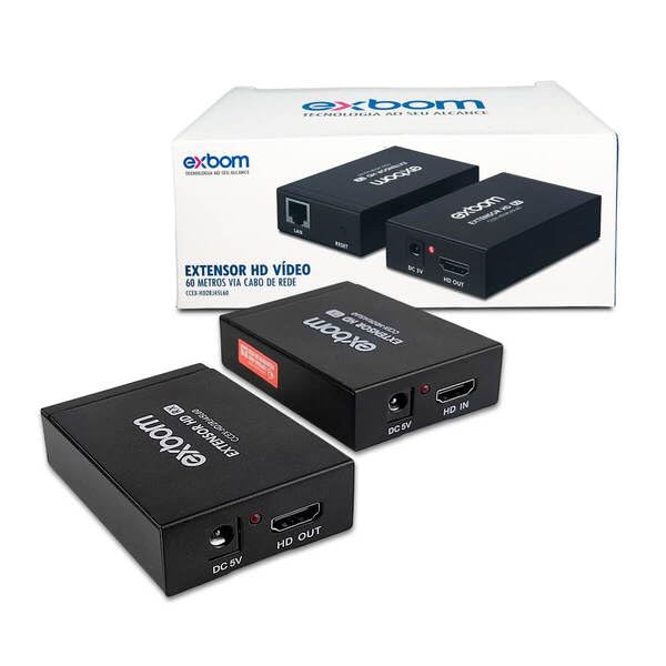 Extensor HDMI para RJ45 Exbom, Transmissão até 60 Metros, Compatível com Cat5e/Cat6, Full HD 1080p, Preto, 81x43x23mm, Modelo CC-HD2RJ45L60