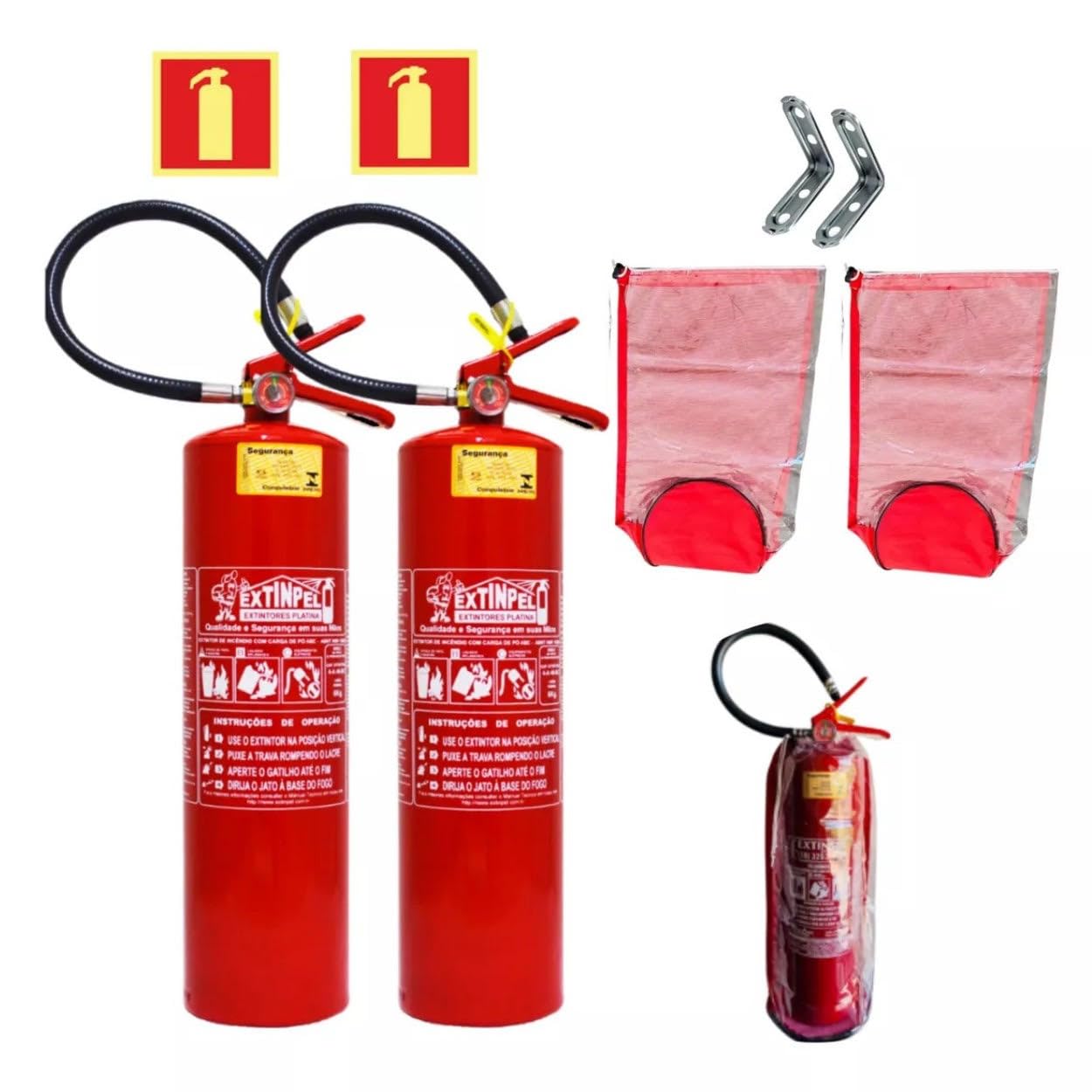 2 Extintor 6kg Abc 1 Ano + 2 Capas Protetora + 2 Suportes Parede + 2 Placas Sinalização