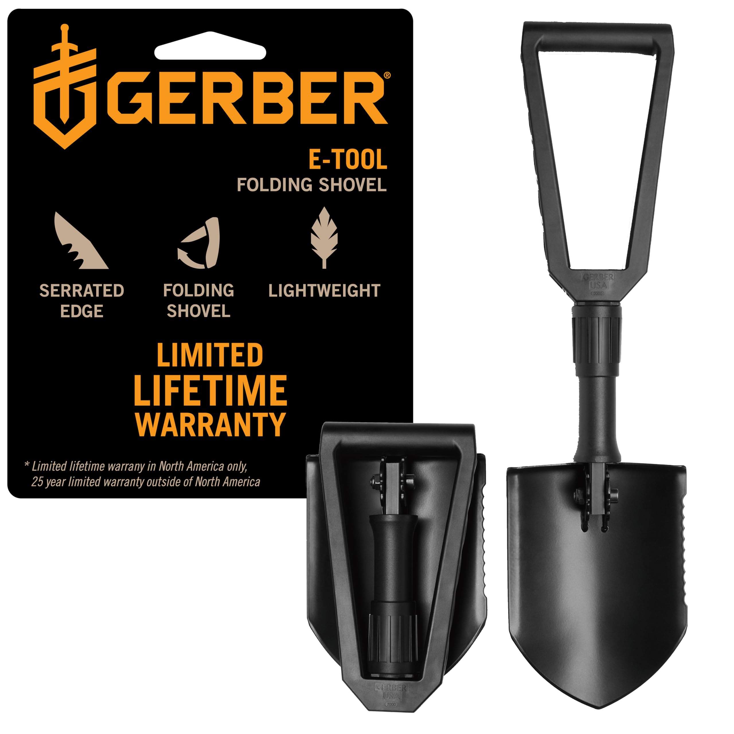 Gerber Gear Ferramenta eletrônica tática dobrável estilo militar, pá de carro de emergência e acampamento multifuncional resistente com borda serrilhada, equipamento de sobrevivência compacto, preto