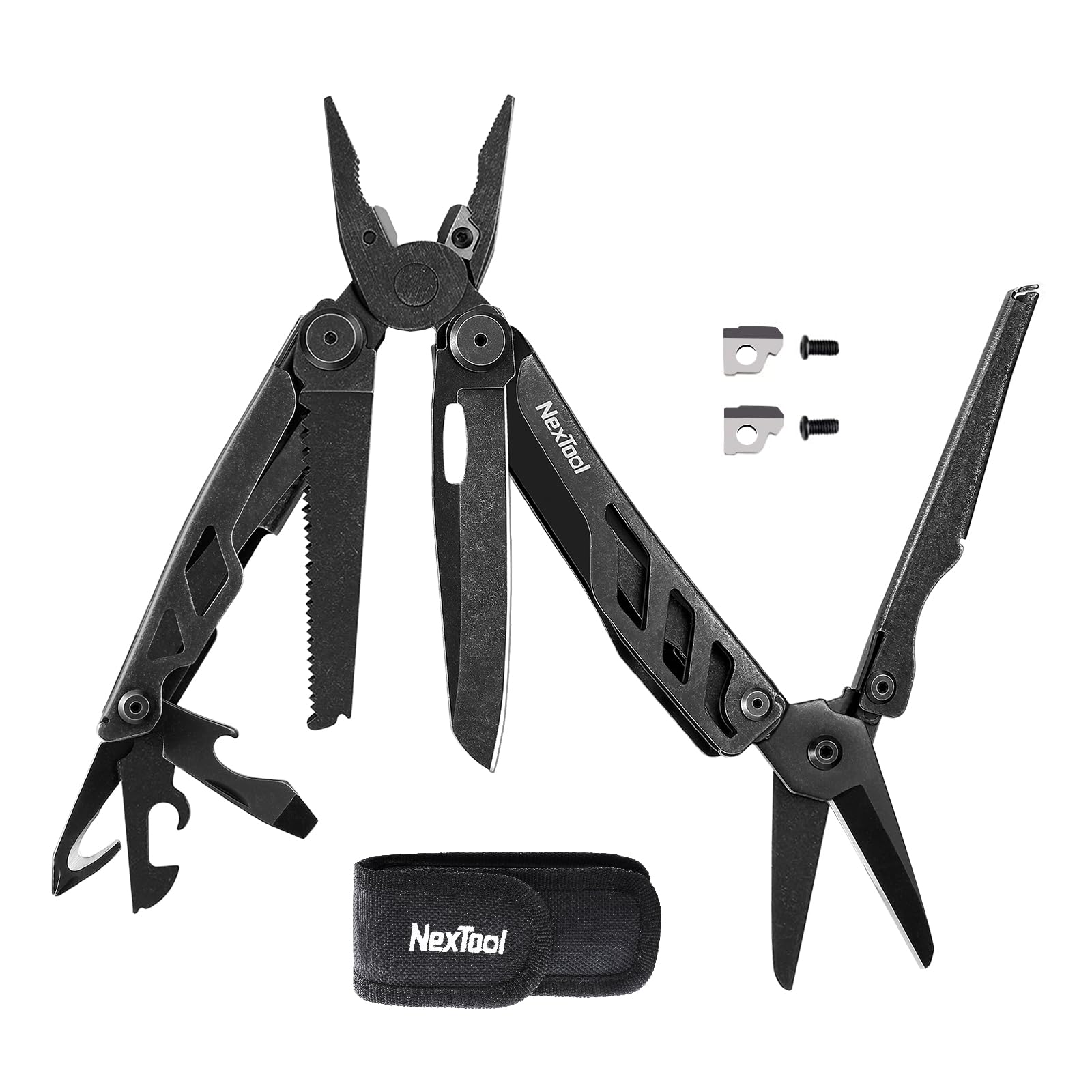 NexTool Alicate multiferramenta resistente com tesoura de bolso, cortadores de fio substituíveis, bainha de nylon, faca multiferramenta dobrável com trava de segurança para acampamento, sobrevivência