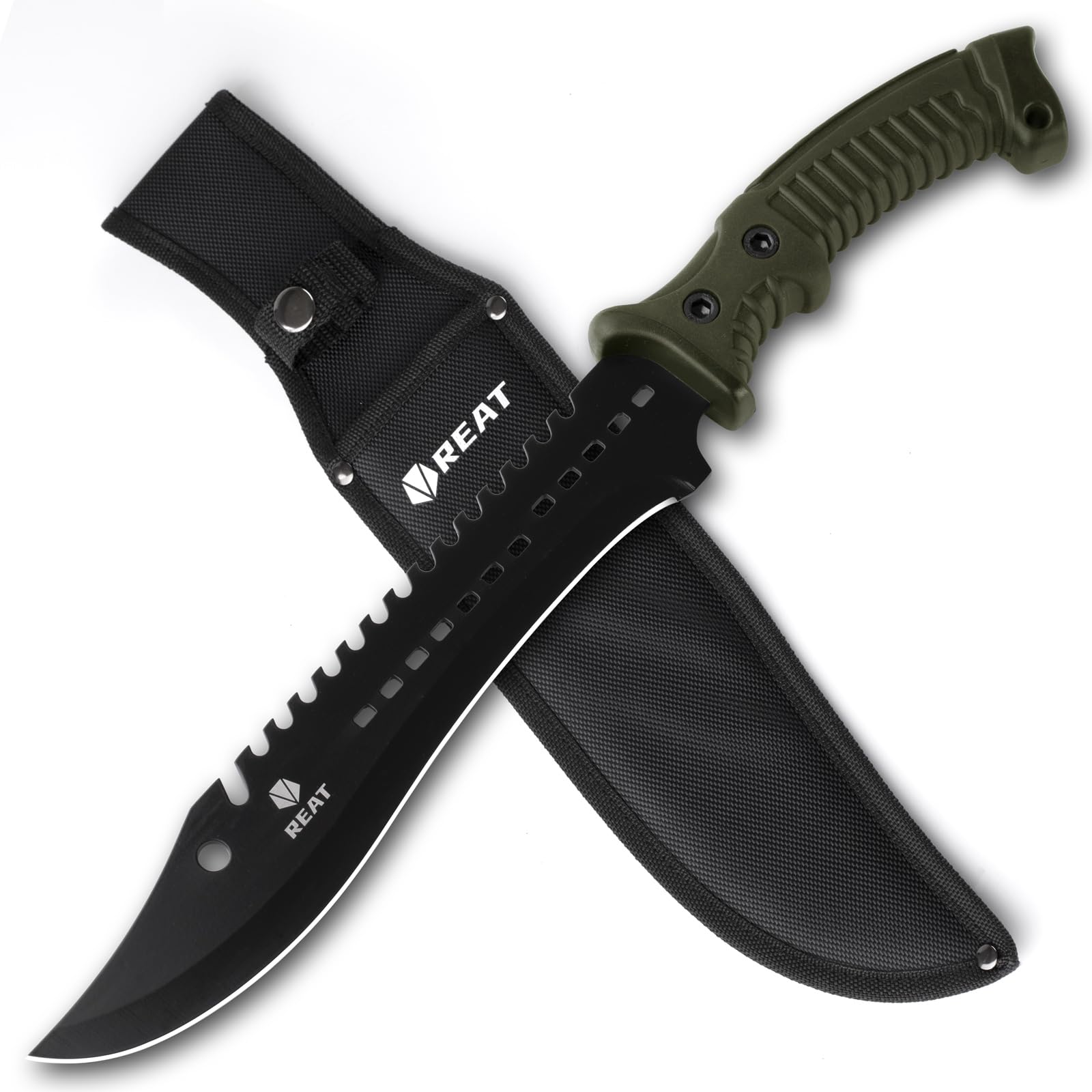 REAT Facão com canela, faca de caça de 38 cm com aço inoxidável 420, cabo de borracha ergonômico antiderrapante, facões para arbustos, sobrevivência, caça, corte de árvores e trabalho no quintal