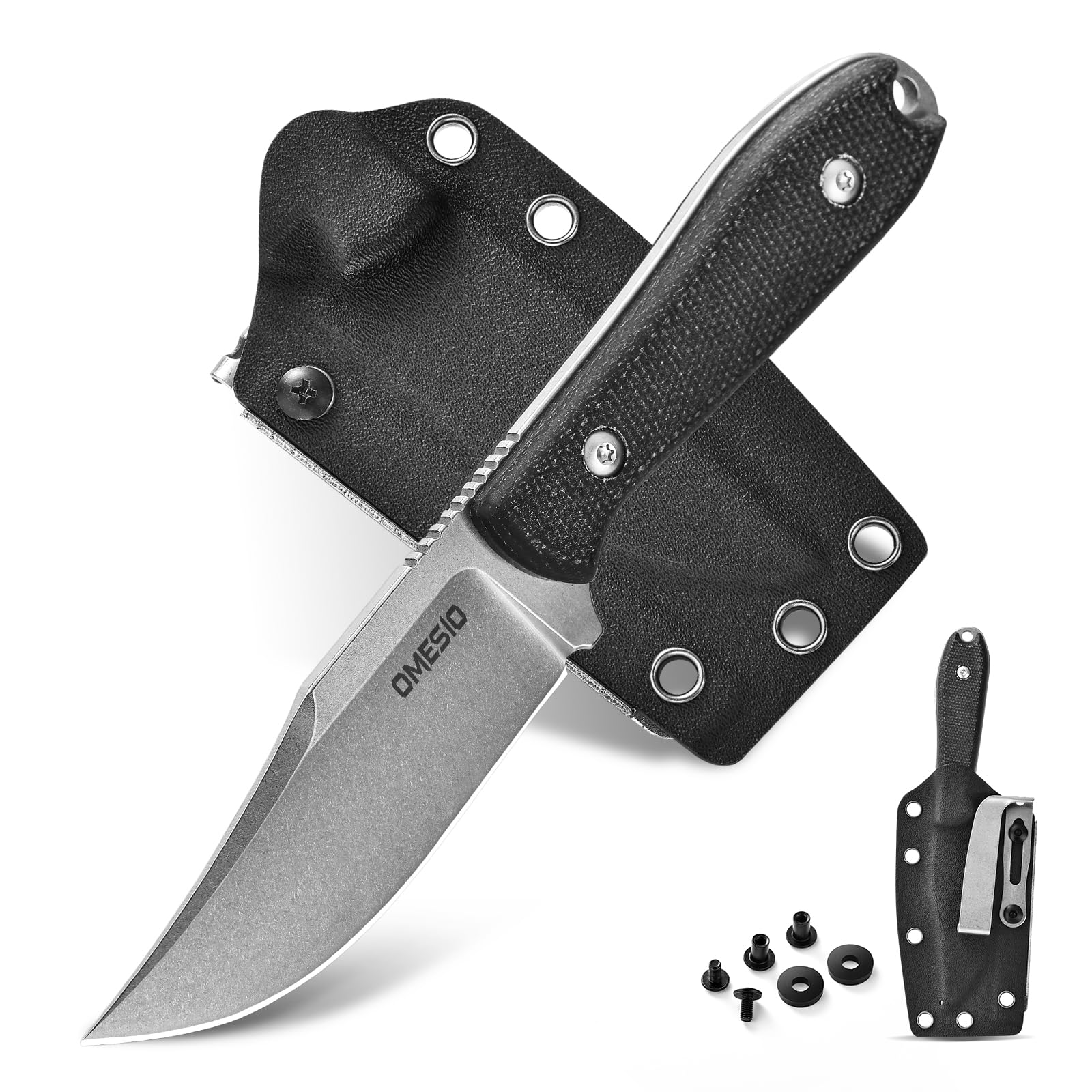 Faca de caça Omesio com bainha, lâmina D2 de 7,8 cm com ponta clip point, cabo em micarta e cordão; faca de caça M-Moon de lâmina fixa pequena, de espiga inteira, ideal para uso diário (EDC), acampamento, sobrevivência e caminhadas