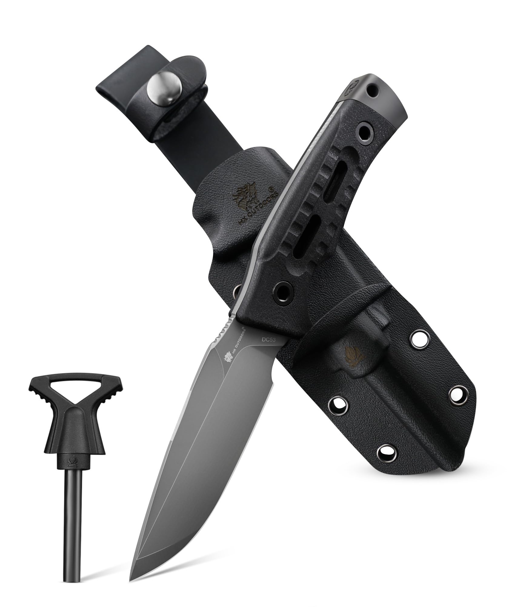 HX OUTDOORS Faca de caça Full Tang com bainha, lâmina fixa de sobrevivência profissional, inclui haste de ferro, coluna reforçada e martelo de bumbum para acampamento na natureza, Bushcraft