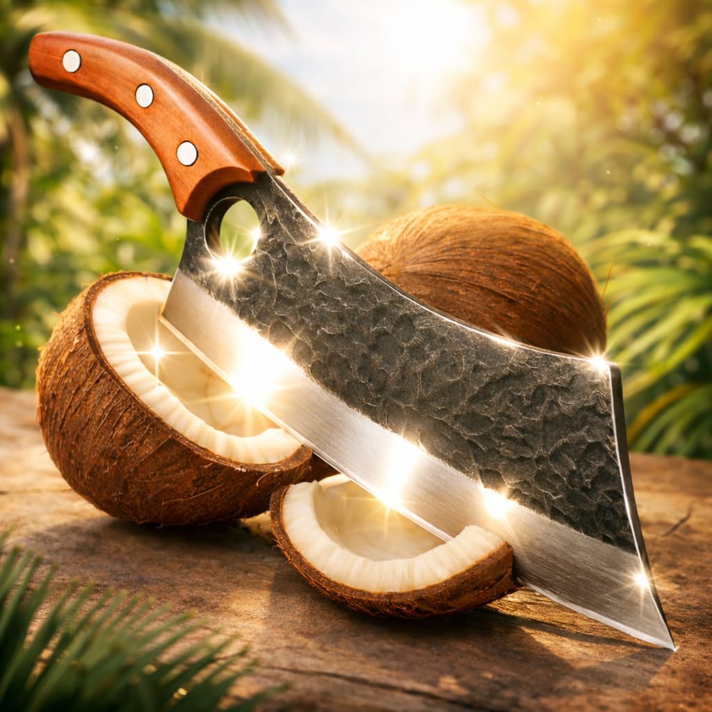 Cutelo Ferox Profissional Forjado a Mão em Aço Inoxidável Full Tang Faca de Churrasco Artesanal Cabo Madeira de Carvalho 29,5cm com Bainha de Couro para Sobrevivência Acampamento e Cozinha Gourmet.