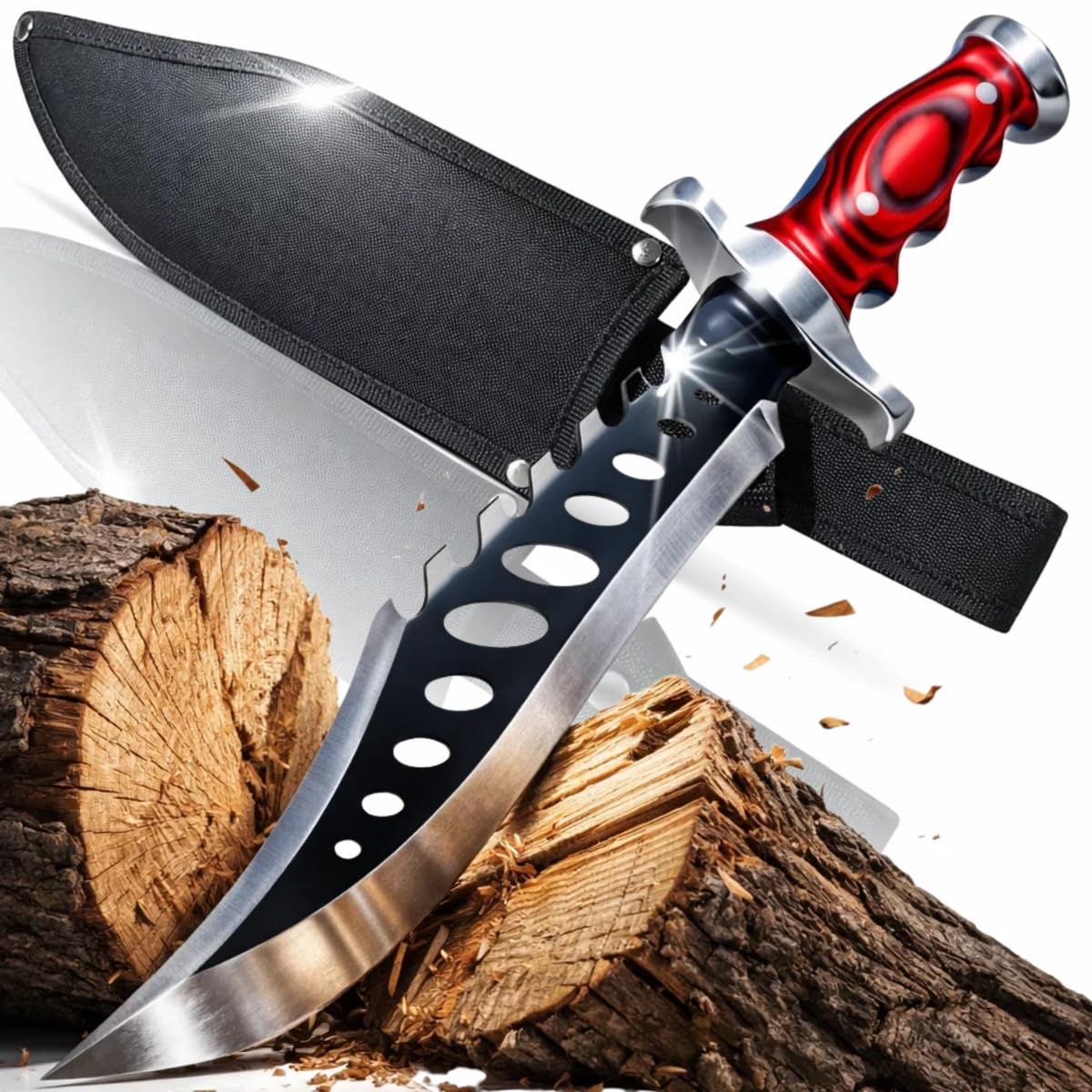 Faca Guardiã Tática Profissional Aço Inox Forjado 40,5cm com Bainha Coldre Lâmina Vazada Full Tang Cabo Madeira Envernizada para Churrasco Pesca Camping Sobrevivência e Coleção.