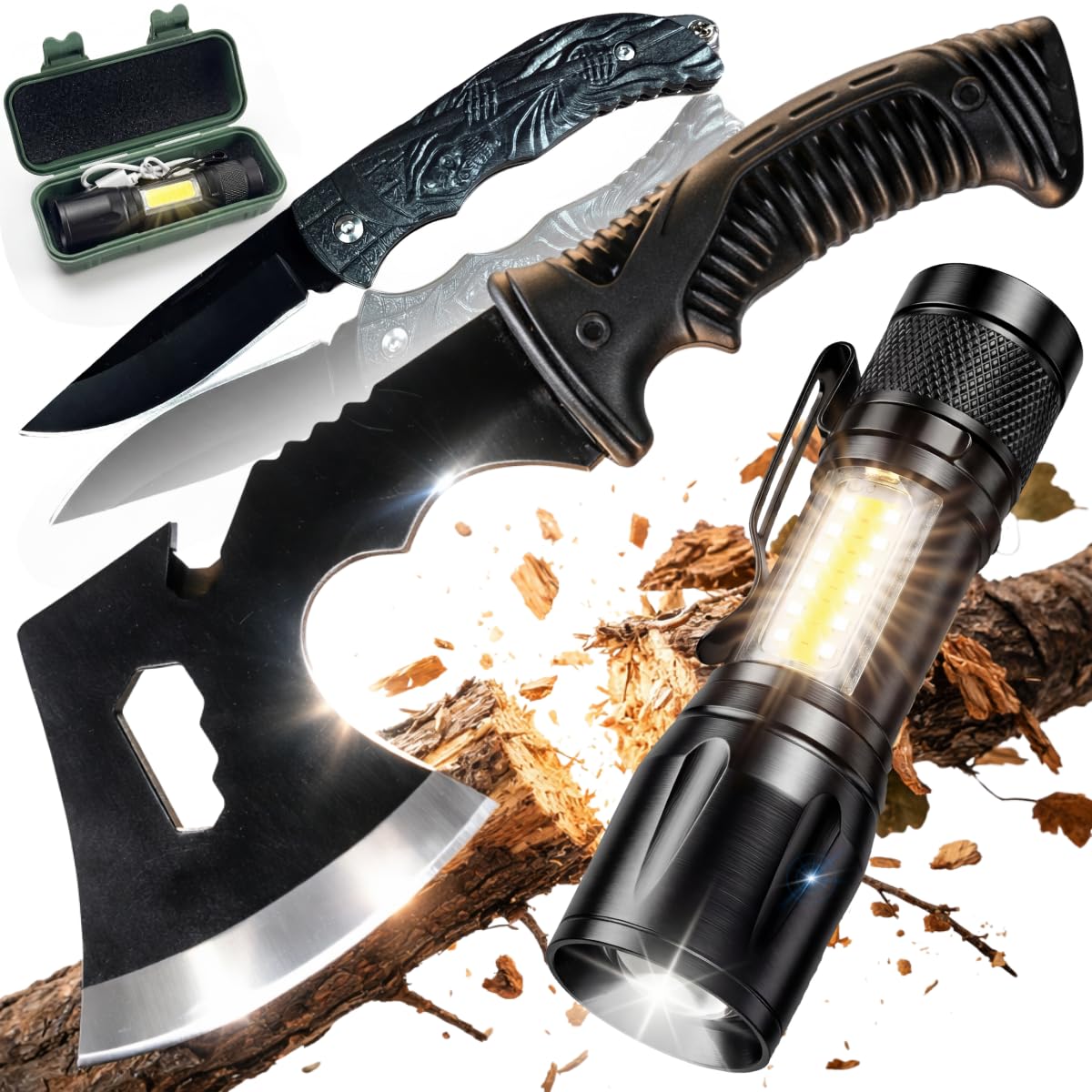 Kit machado tático Mini Faca dobrável lanterna LED multifuncional camping caça pesca sobrevivência trilha com coldre