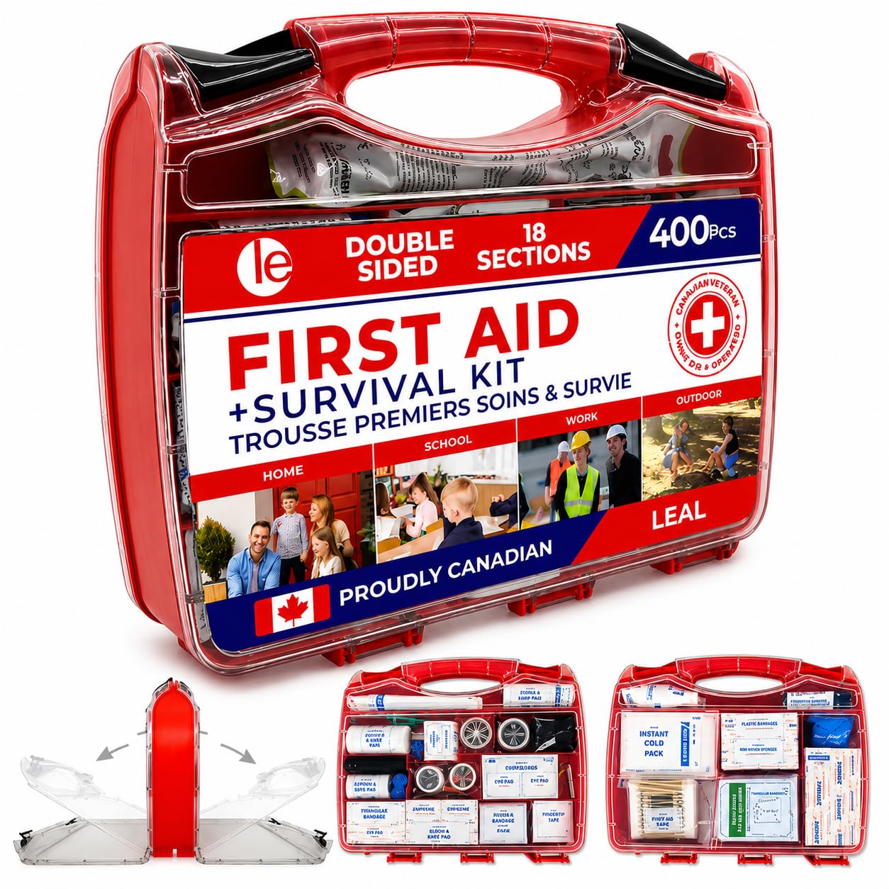 Kit de primeiros socorros e kit de sobrevivência de 400 peças – dupla face com 18 compartimentos, kit de suprimentos de emergência portátil para casa, carro, viagem, acampamento, local