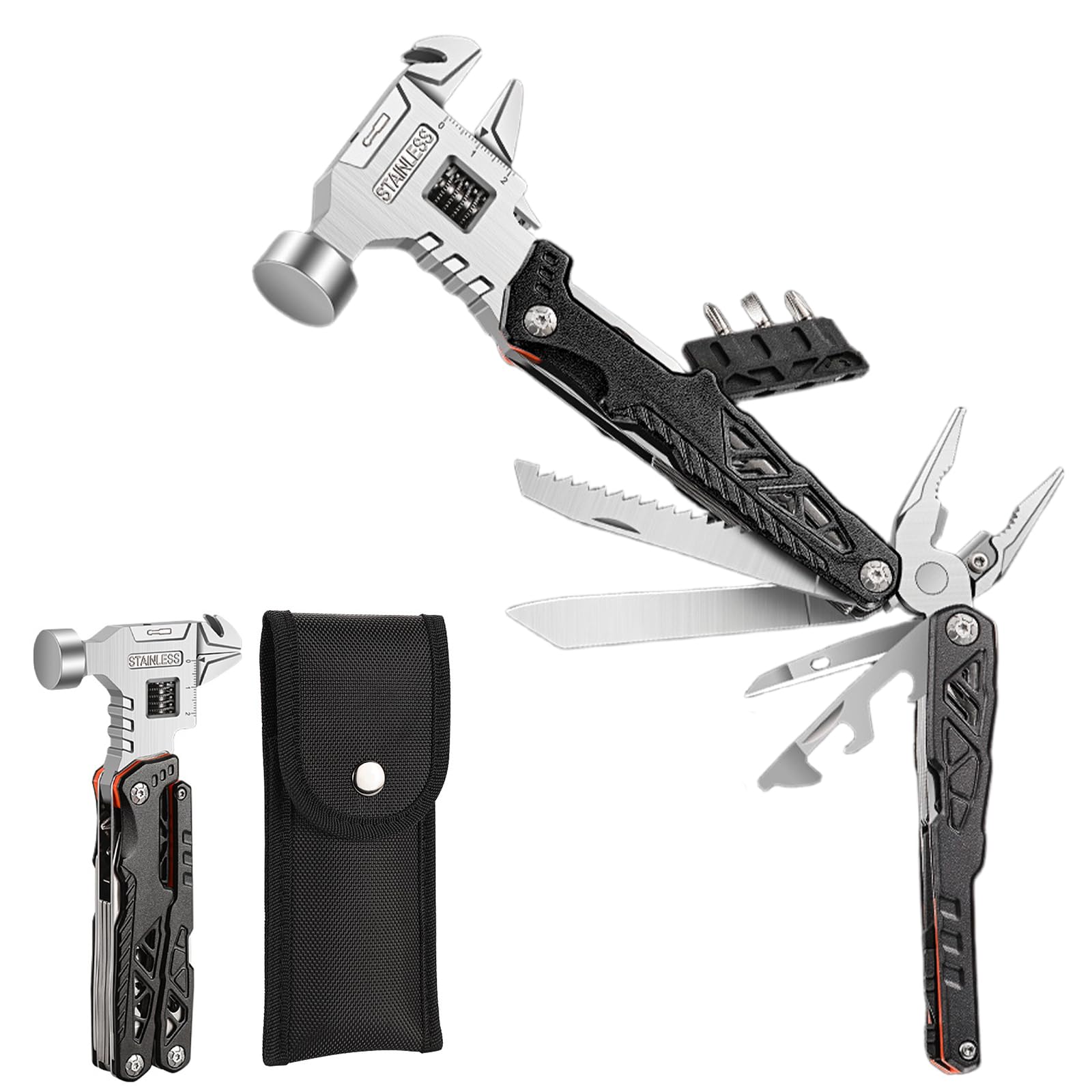 Alicate Multifuncional 15 em 1 em Aço Inoxidável, Multitool Dobrável com Faca, Serra e Cortador, Ferramenta Portátil para Camping, Sobrevivência, Trilhas e Uso Profissional (Preto)
