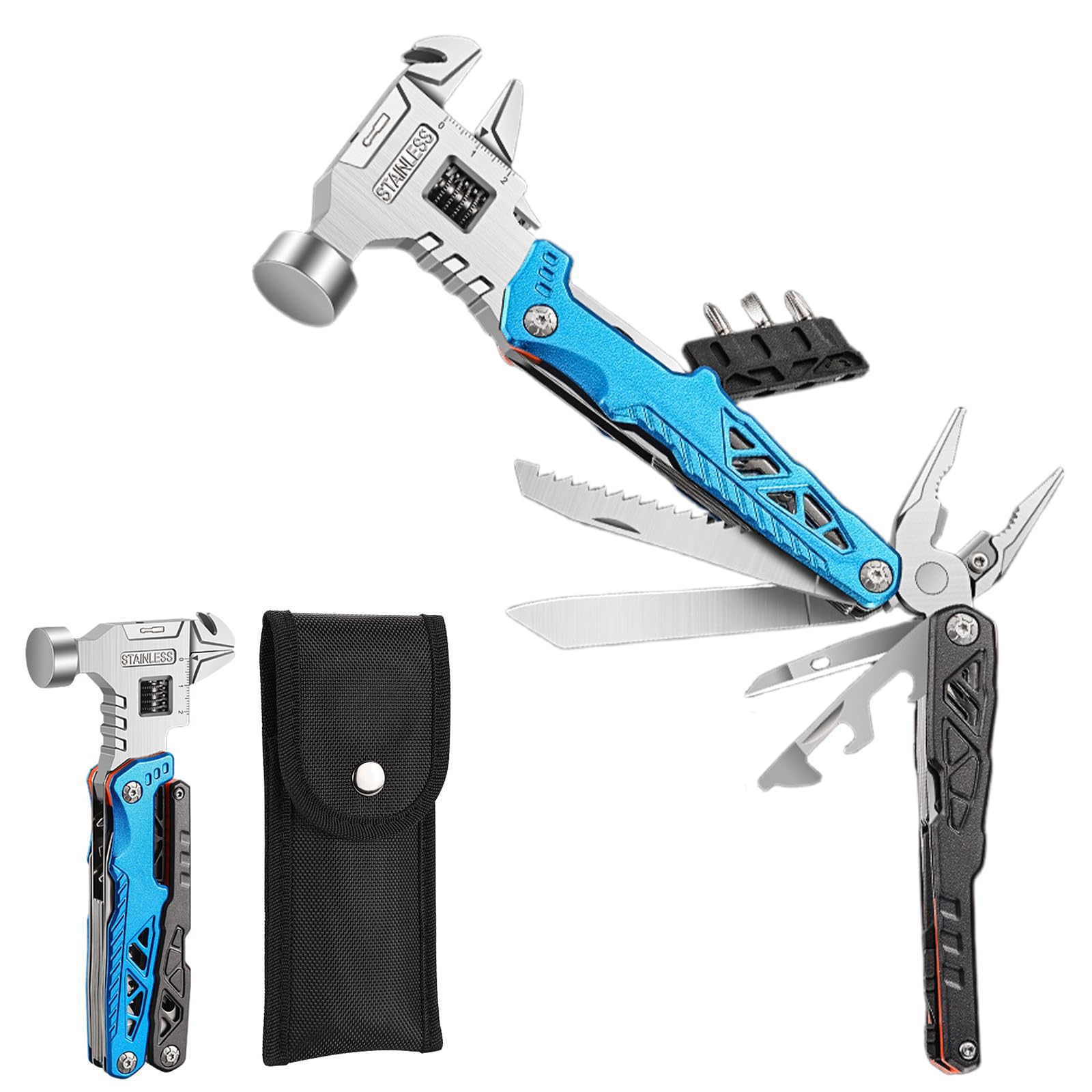 Alicate Multifuncional 15 em 1 em Aço Inoxidável, Multitool Dobrável com Faca, Serra e Cortador, Ferramenta Portátil para Camping, Sobrevivência, Trilhas e Uso Profissional (Azul)