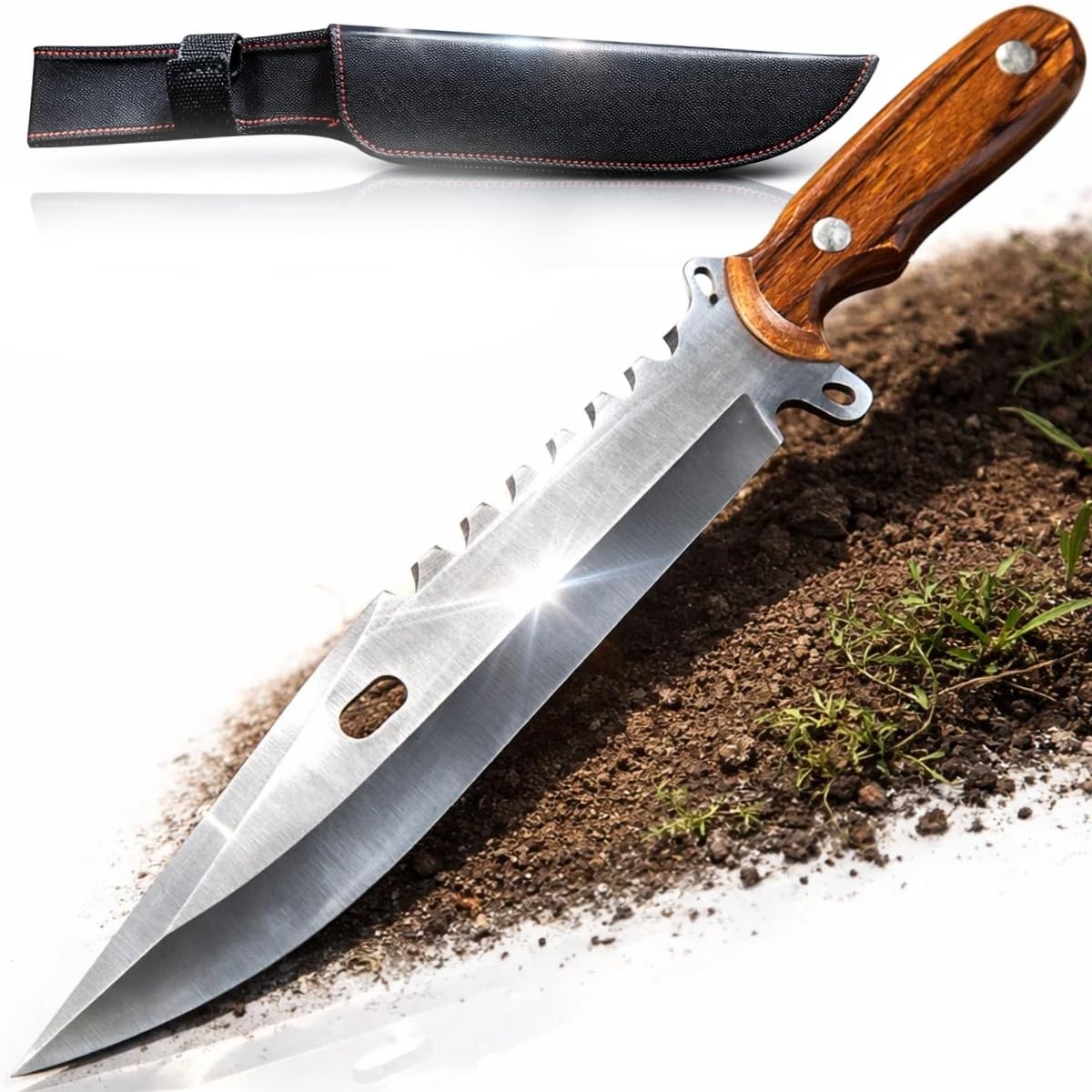 Faca Militar Tática Fênix Sobrevivência Aço Inoxidável 4mm Cabo Madeira Nobre com Bainha Nylon Camping Pesca Bushcraft Caça Esportiva Profissional 33,5cm Serrilha Dorso Utilitária Robusta