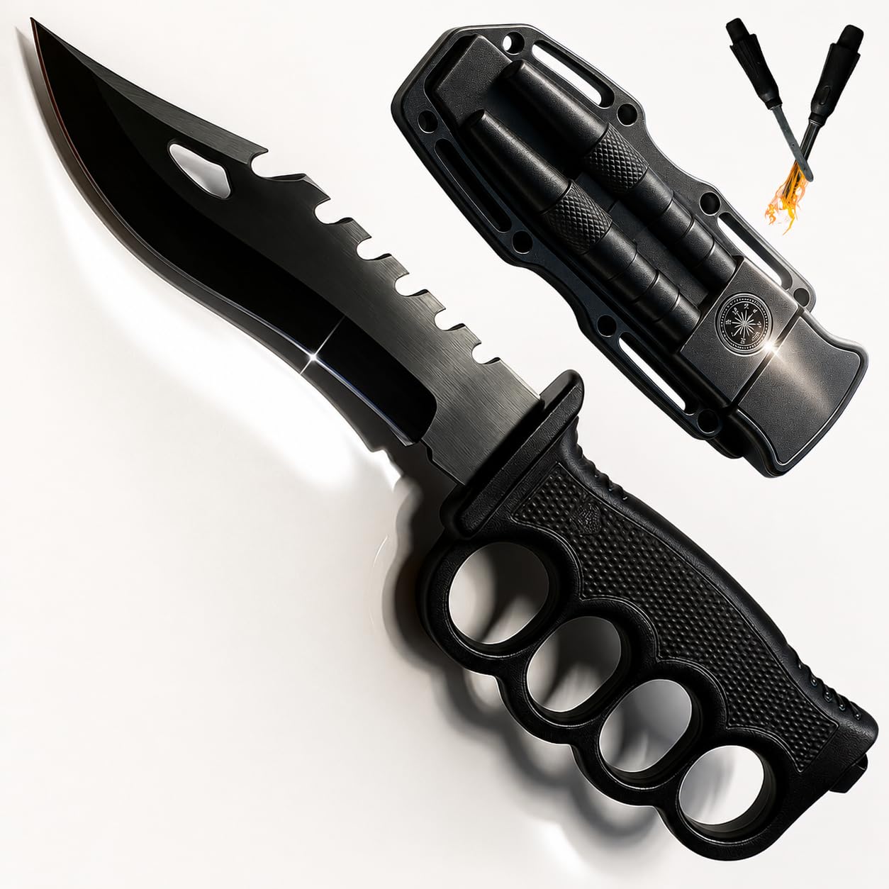 Faca de Sobrevivência Tática Militar com Soco Inglês em Aço 440C para Camping Selvagem com Pederneira Apito Bainha com Bússola Outdoor Trilha Caça Pesca