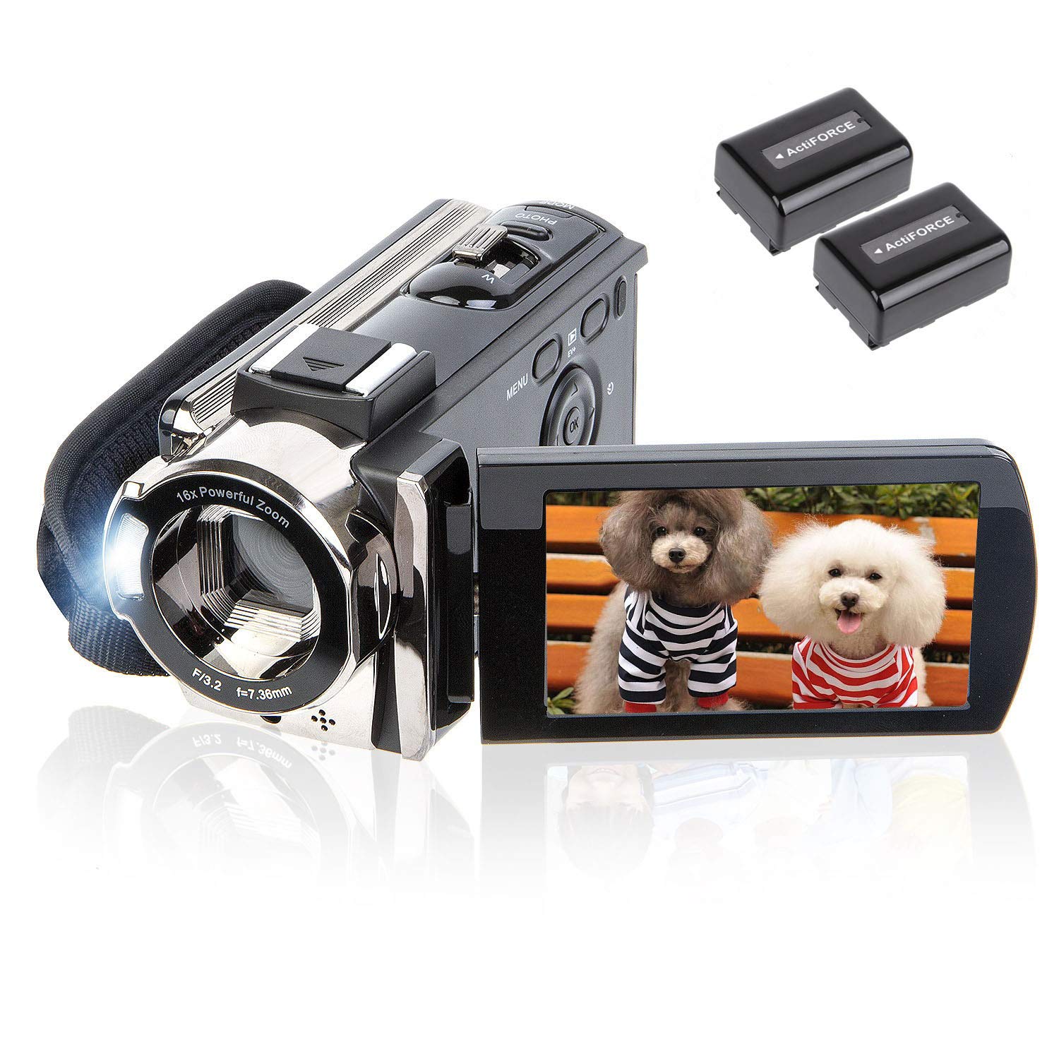 kicteck Câmera de vídeo filmadora digital Full HD 1080p 15fps 24MP 3,0 polegadas rotação de 270 graus LCD 16x Zoom Filmadora com 2 baterias (604s)