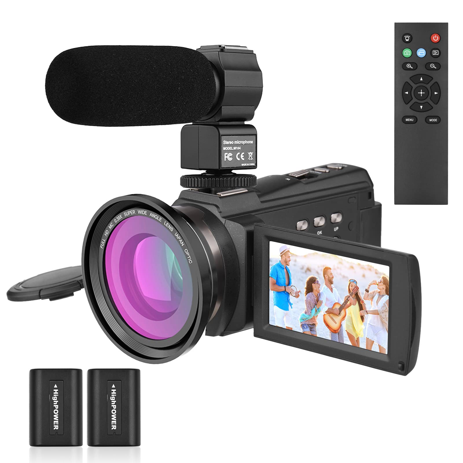 4K/60FPS 48MP WiFi Conjunto de Câmera de Vídeo Digital 1 Gravador de Filmadora + 1 Microfone + 1 Controle Remoto + 2 Baterias + 1 Lente de Câmera com Zoom de 16X Tela sensível ao toque de 3