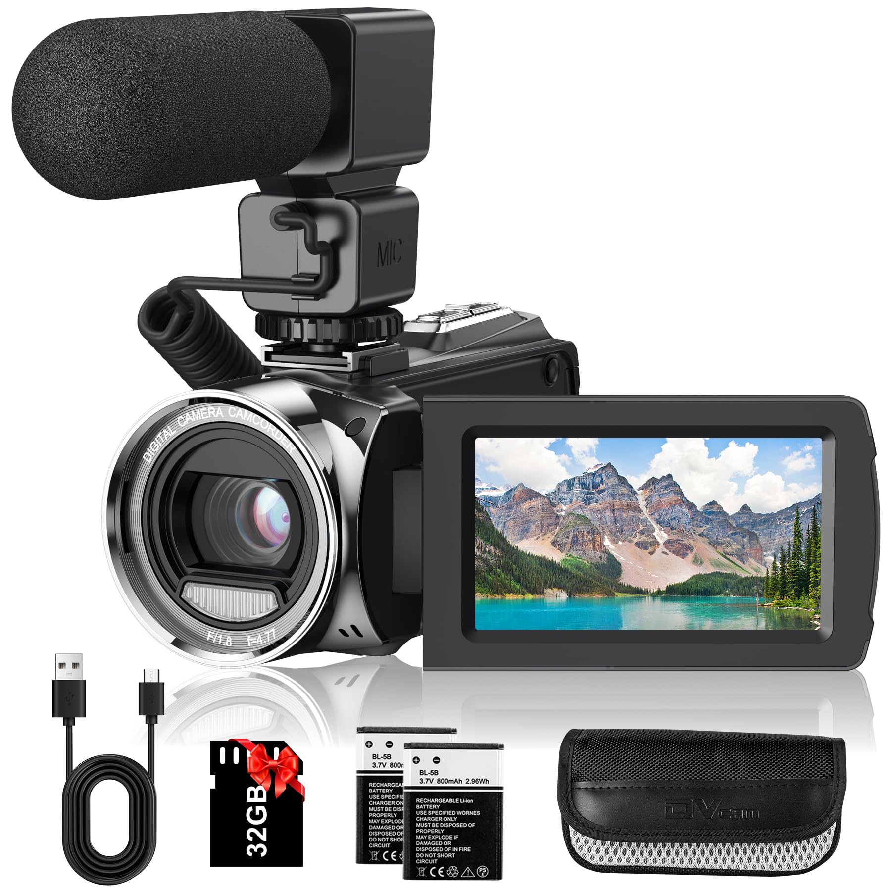 Filmadora de vídeo FHD 1080p 36MP Vlogging para gravador de vídeo YouTube, tela de rotação de 270 graus, câmeras de vídeo para filmar com microfone, cartão SD de 32 GB e 2 baterias