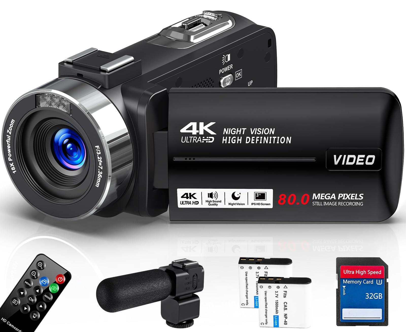 Filmadora 4K 80MP,Câmera de vídeo, Zoom Digital 18x, Visão Noturna, Tela Giratória 3 Polegadas, Controle Remoto 2.4G, Microfone Externo,Profissional para Vlog, Cartão 32GB, 2 Baterias