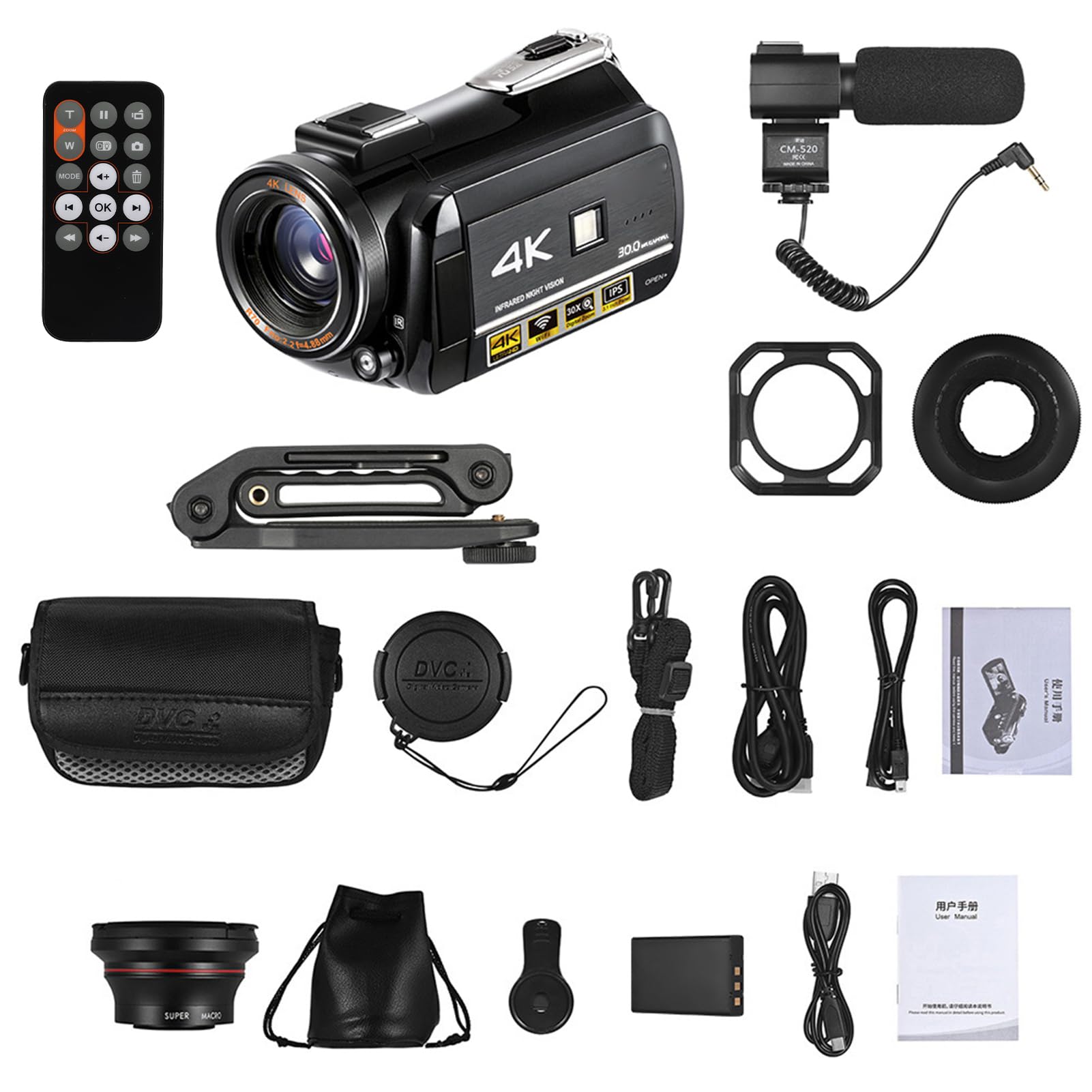 AC3 4K WiFi Câmera de Vídeo Digital Filmadora Gravador DV 24MP 30X Zoom IR 3,1 polegadas LCD Touchscreen IPS com 2pcs Baterias Recarregáveis + Extra 0.39X Lente Grande Angular +