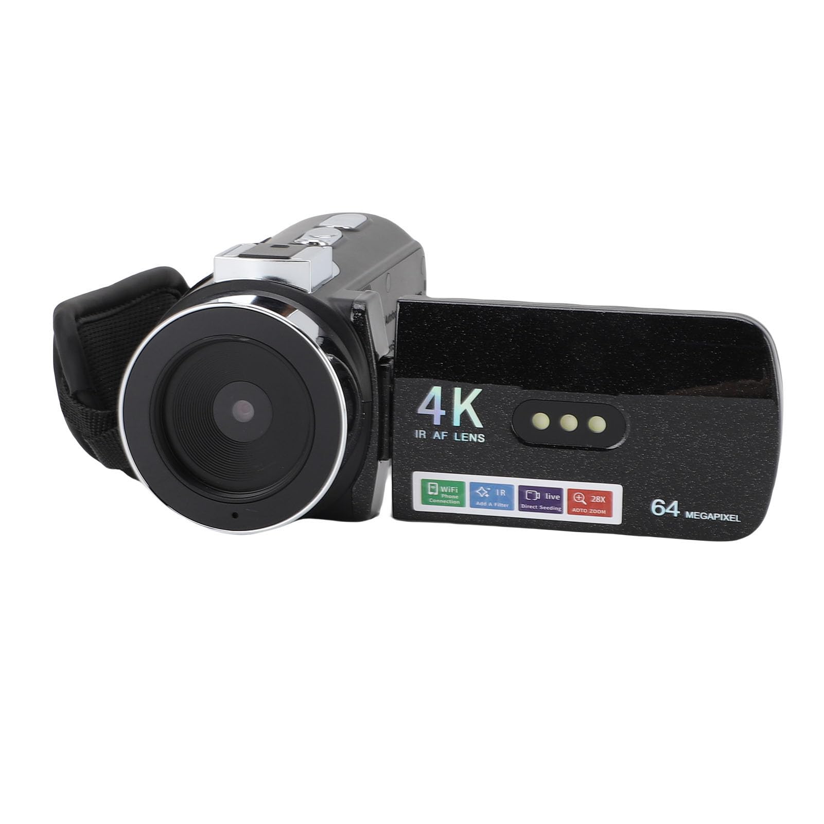 Jiawu Filmadora Com Câmera de Vídeo, Filmadora HD WiFi 4K 64MP Com Tela de Rotação de 3 Polegadas, Luz de Preenchimento LED, Visão Noturna, Bateria de 4800mAh, Zoom Digital 28X