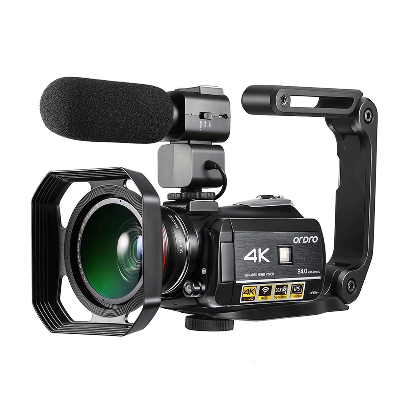Domary AC3 4K WiFi câmera de vídeo digital filmadora DV gravador 24MP 30X zoom IR 3,1 polegadas IPS LCD touchscreen com 2pcs baterias recarregáveis + extra 0,39X lente grande angular + externo