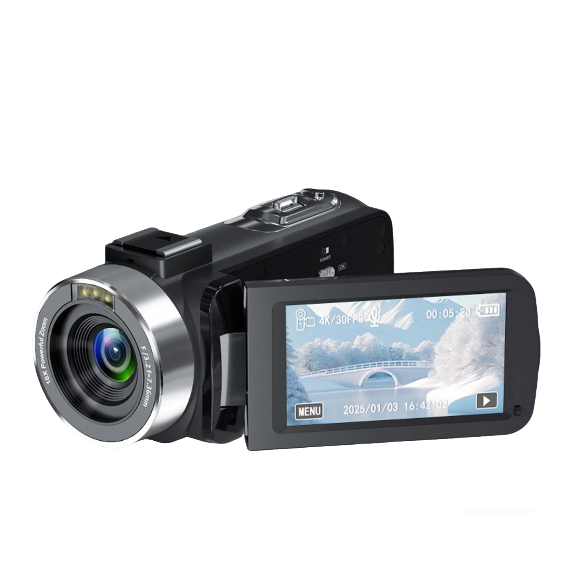 EBTOOLS Filmadora Com Câmera de Vídeo 4K, Tela de Rotação de 270 Graus de 80 MP HD de 3 Polegadas Gravador de Vídeo Digital Com Zoom de 18X Com Flash LED, para Viagens e Vlogging