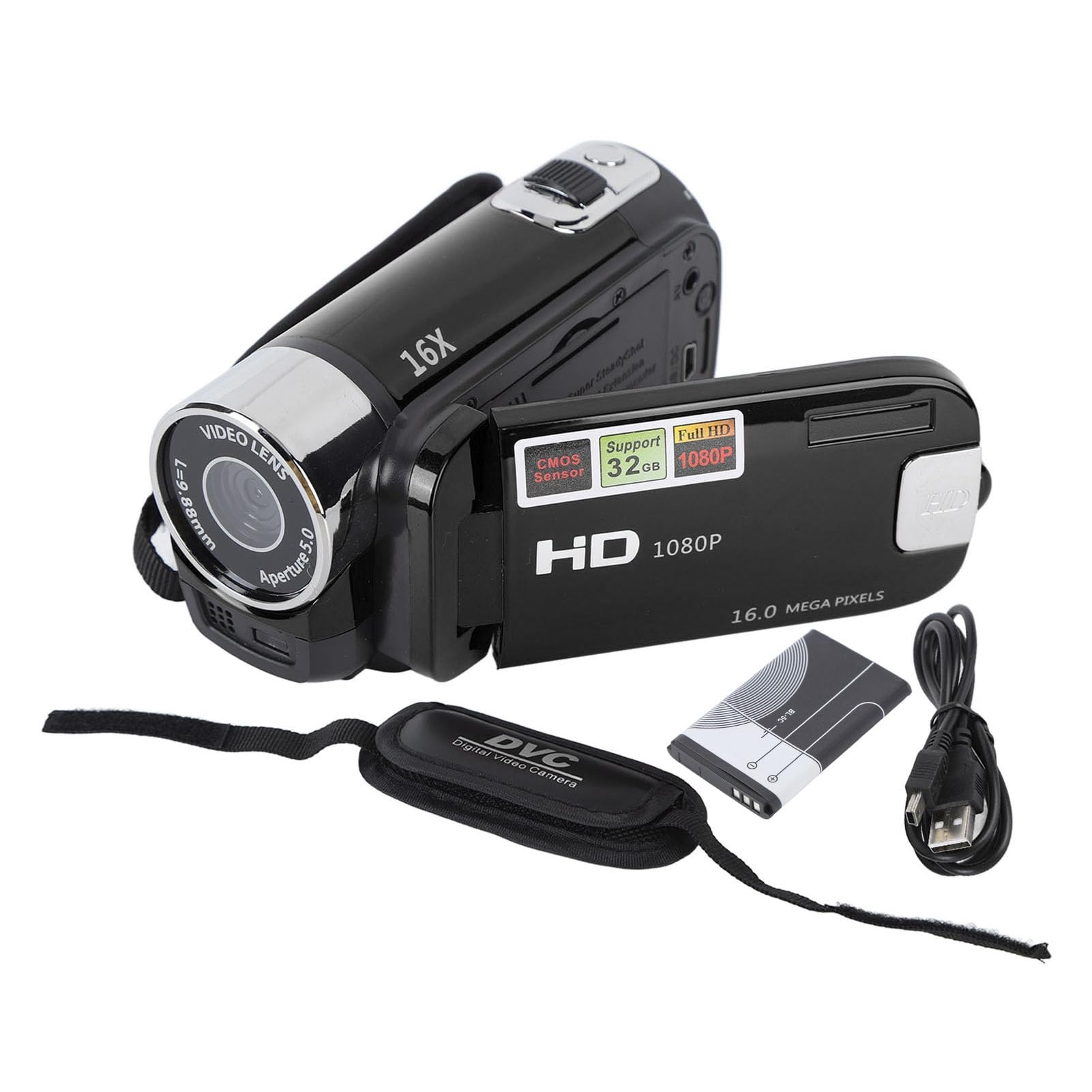 Câmera digital 4K 48MP 16x Zoom DV com tela giratória TFT de 2,7 polegadas (preto) | Câmera de vídeo com cabo USB, filmadora, vlogging, presente para adolescentes, estudantes, meninos e meninas