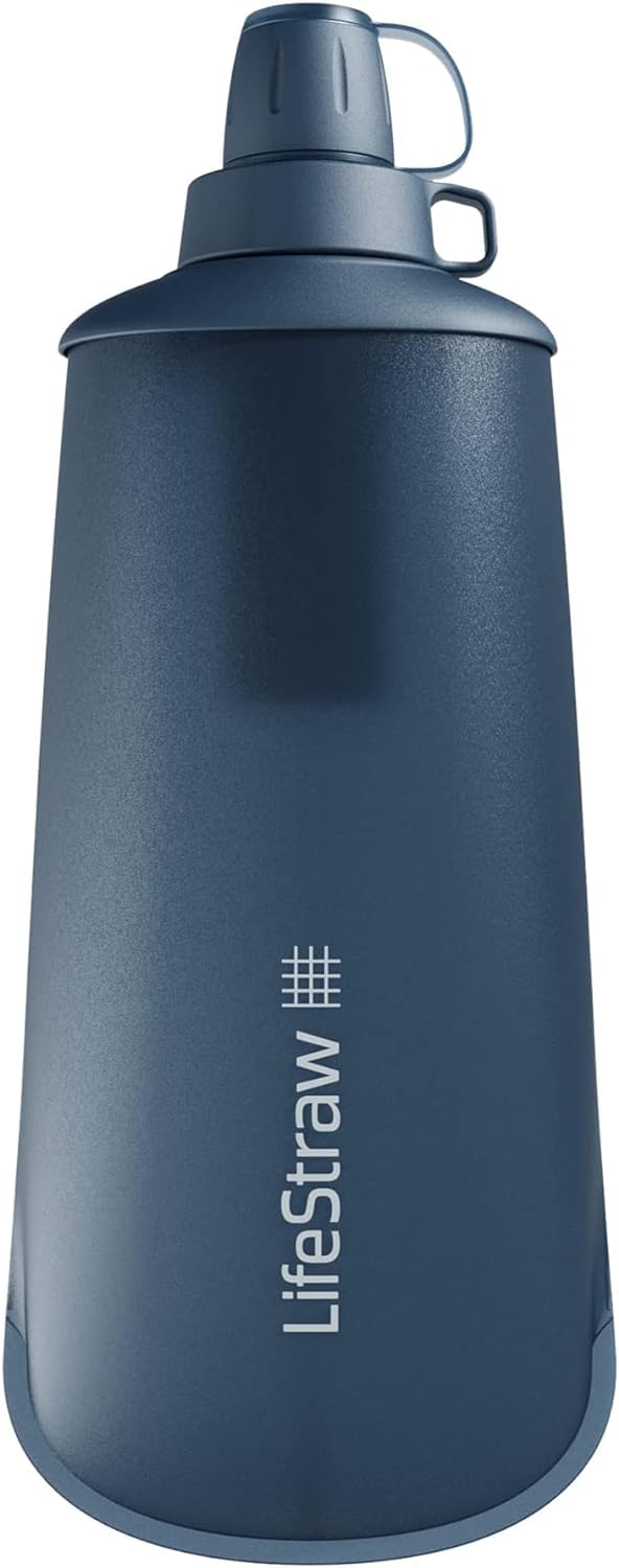 LifeStraw Peak Series – Sistema de filtro de água de garrafa dobrável – 1L para corrida em trilha, acampamento, caminhada, viagem, ciclismo e pesca; azul montanha
